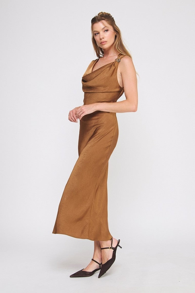 Draped Midi Dress With Brooch Detail (Assorted Colors) Large / Midnight Draped Midi Dress With Brooch Detail (Assorted Colors) Large / Midnight