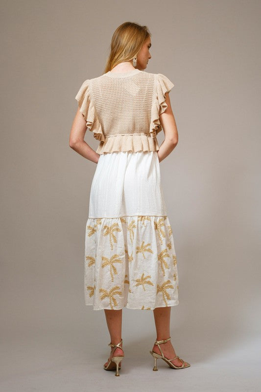 Open Knit Ruffle Sleeve Embroidered Midi Dress Set