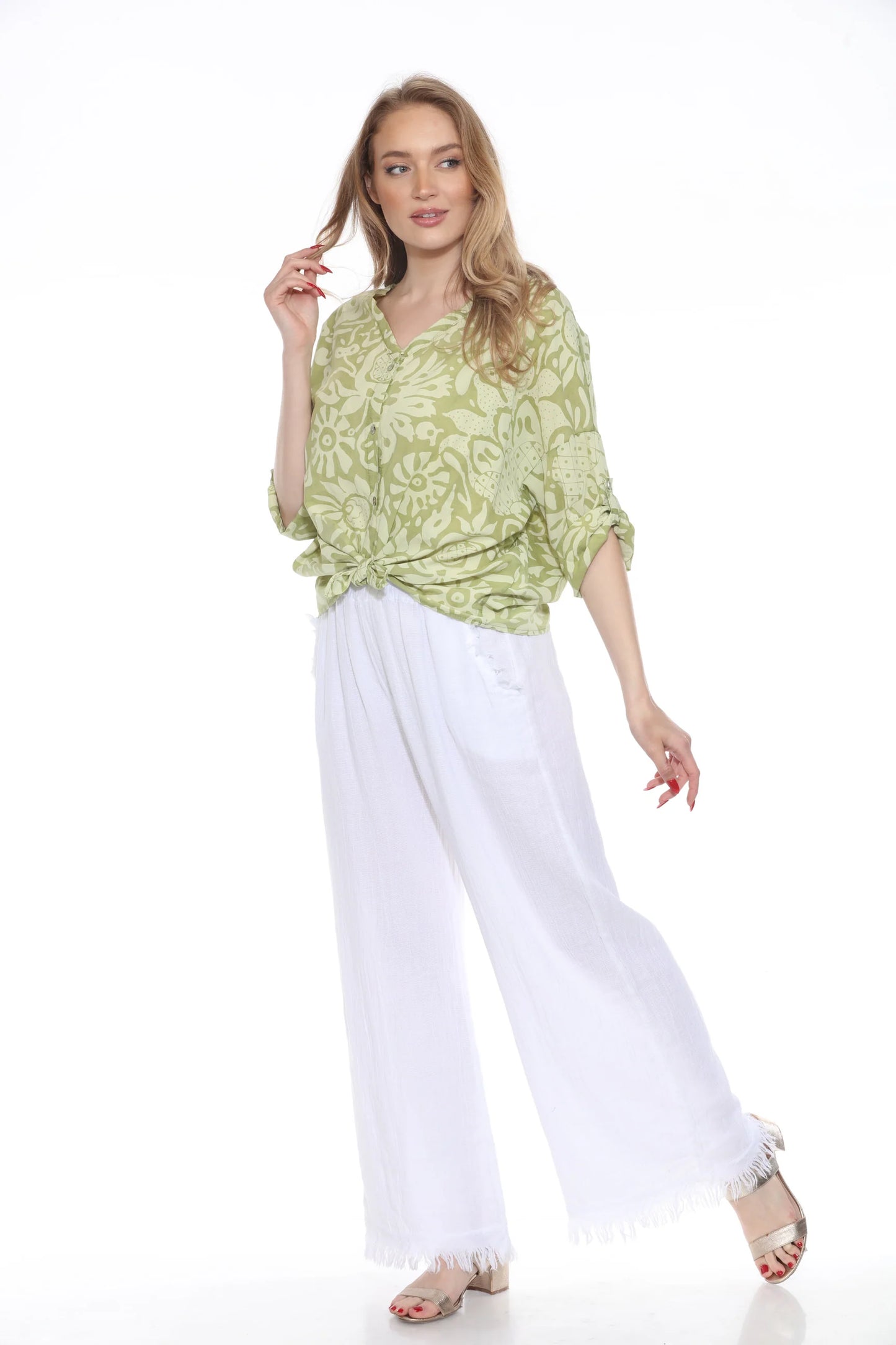 Lime Abstract Tie Front Cotton Top