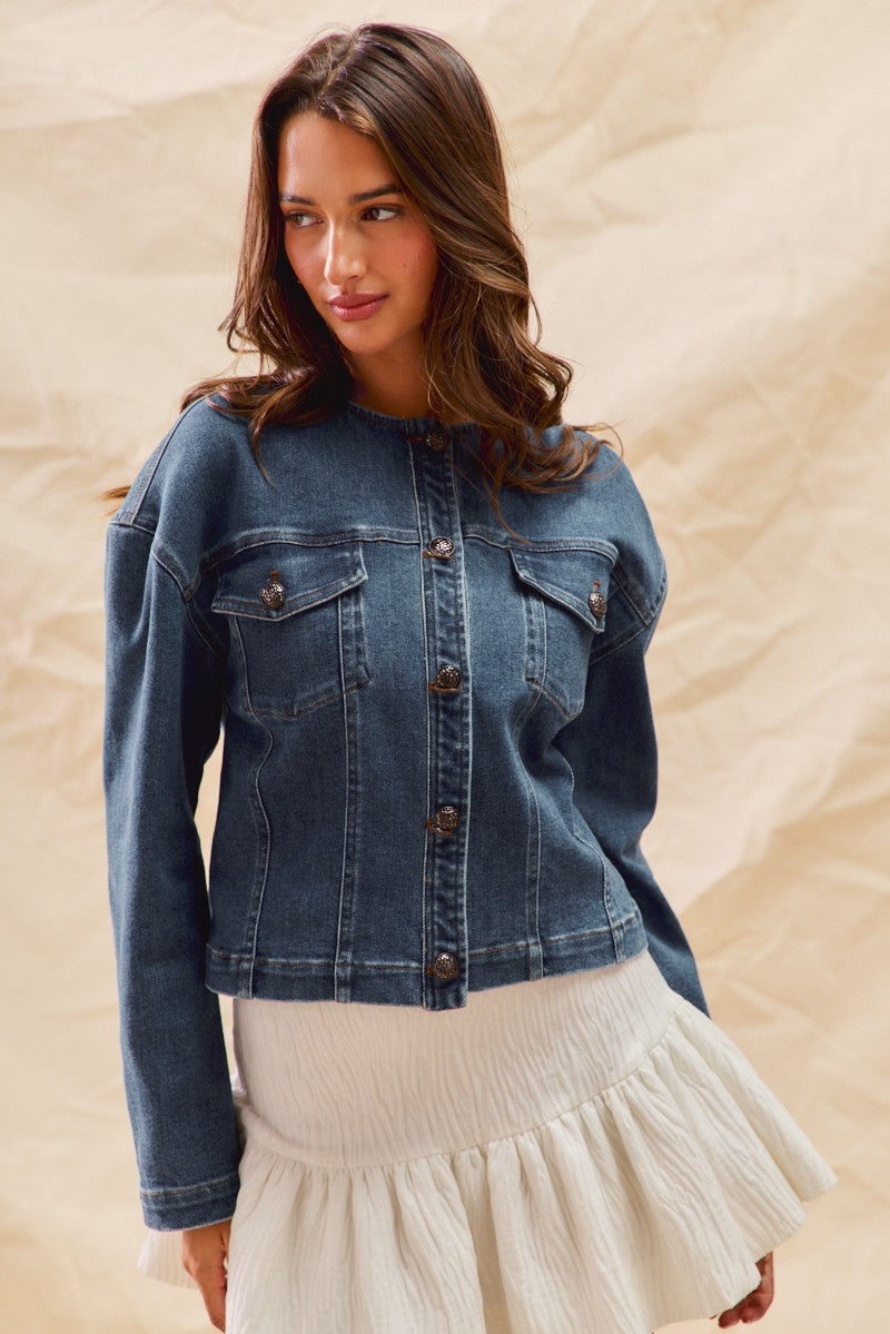 Collarless Denim Jacket With Front Pockets
