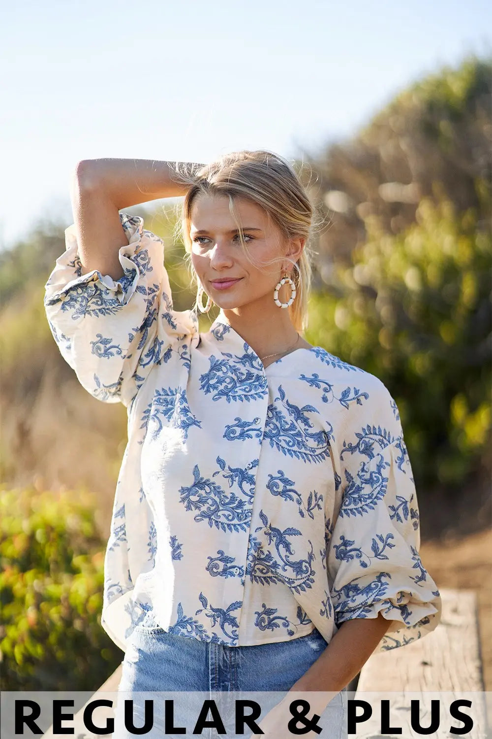 Button Down Blouse with 3/4 Length Balloon Sleeves