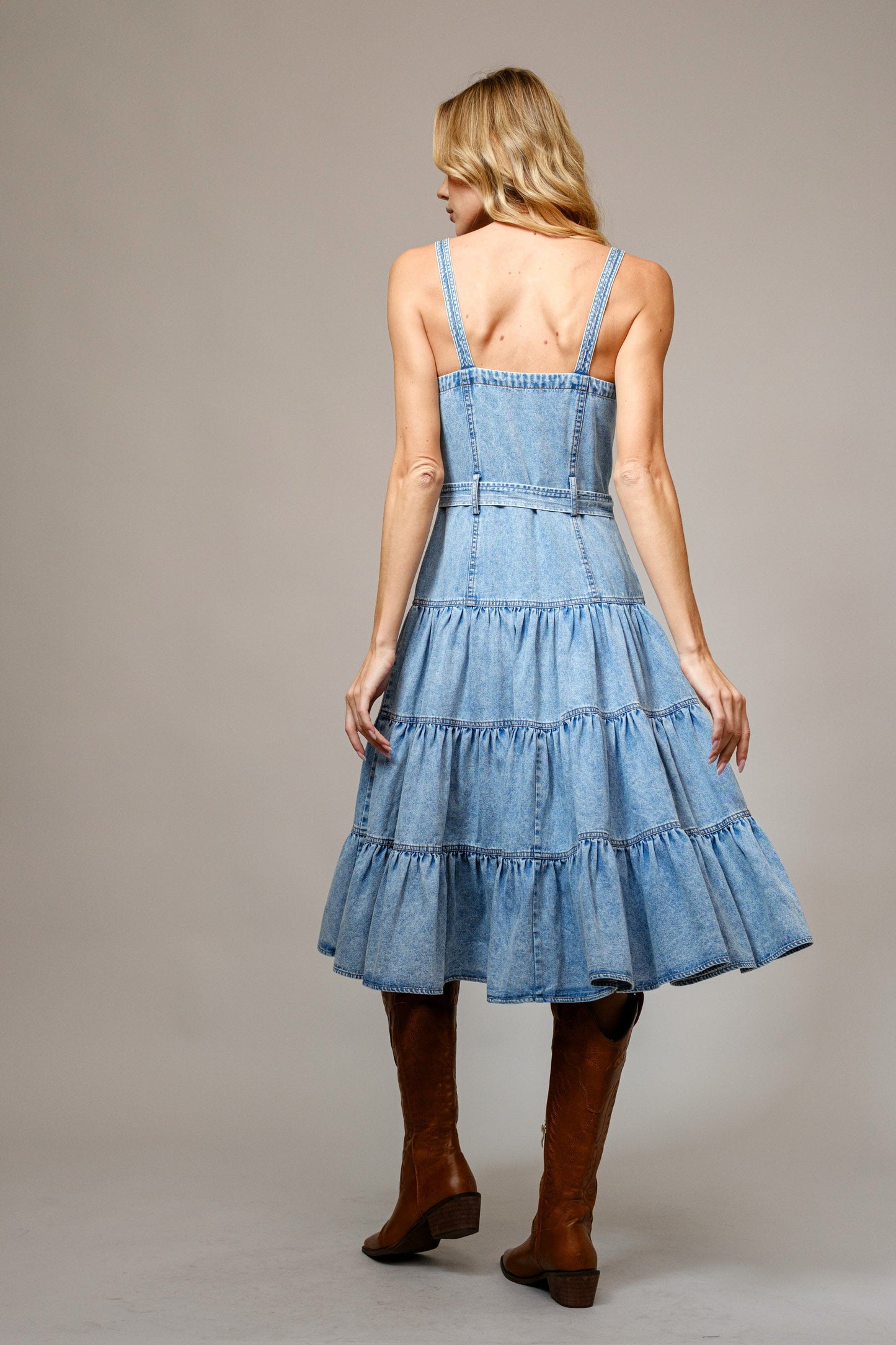 Light Wash Garment Washed Tiered Zip Midi Dress