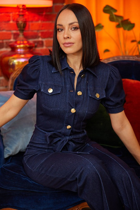 Navy Puff Sleeve Jumpsuit