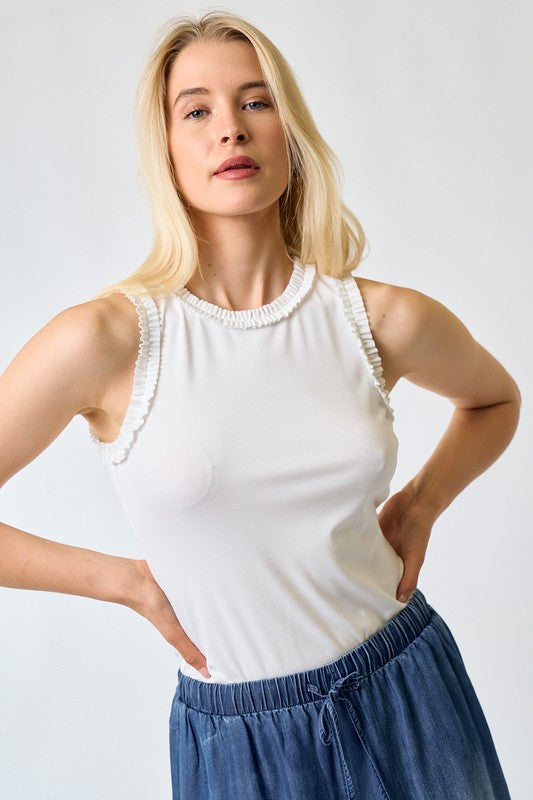 Solid Knit Tank With Ruffle Trim