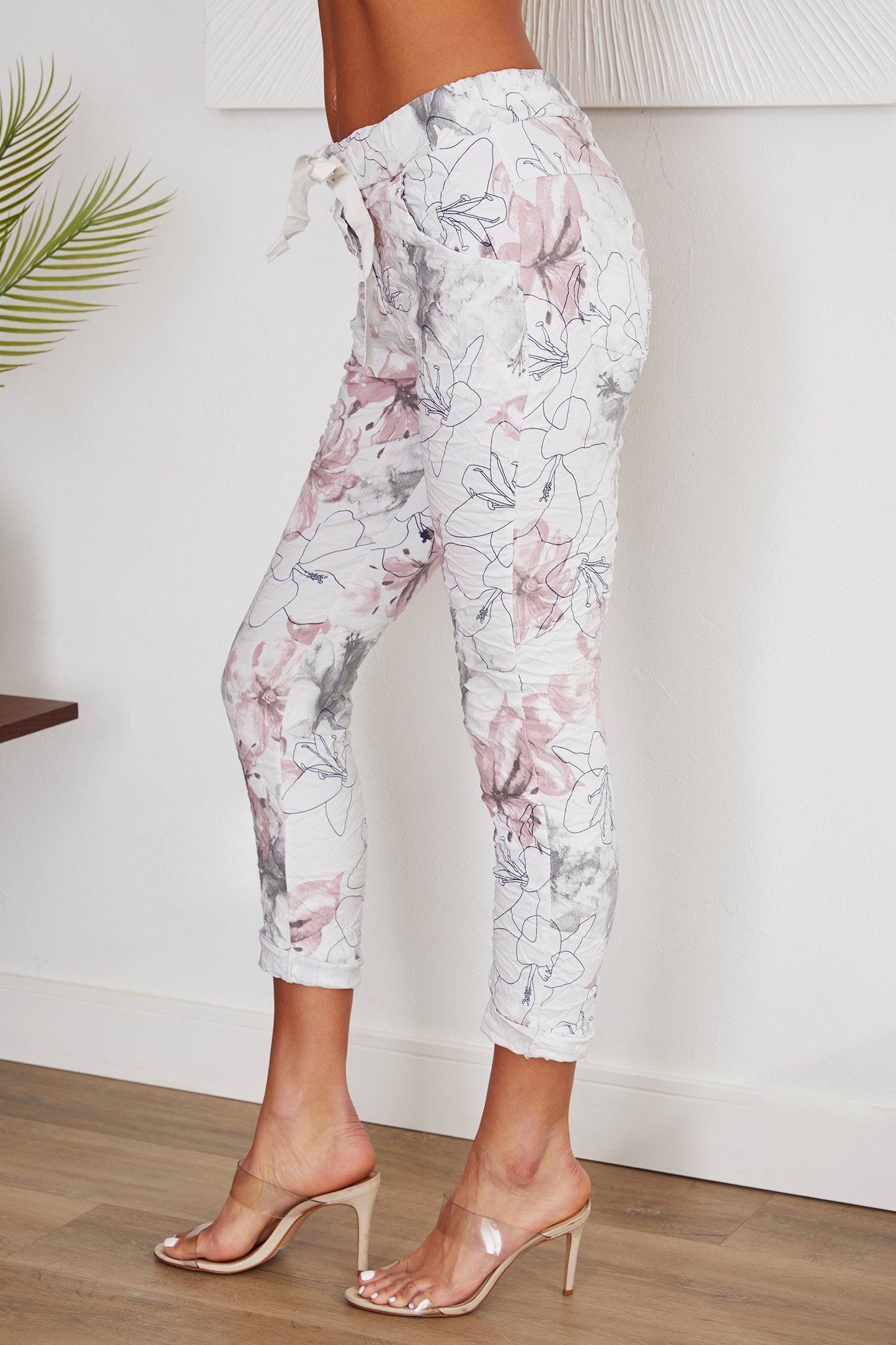 White Floral Print Drawstring Crinkle Jogger Pants