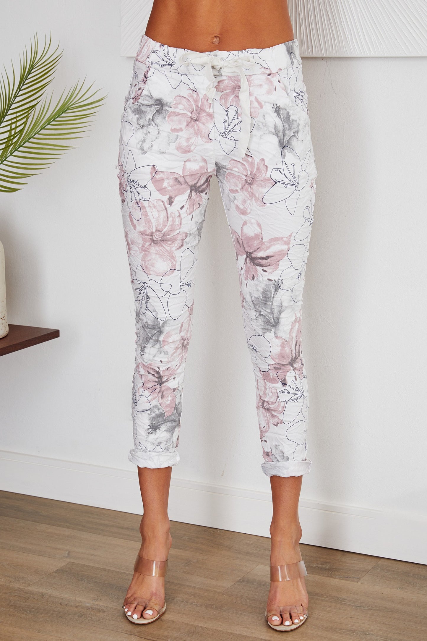 White Floral Print Drawstring Crinkle Jogger Pants