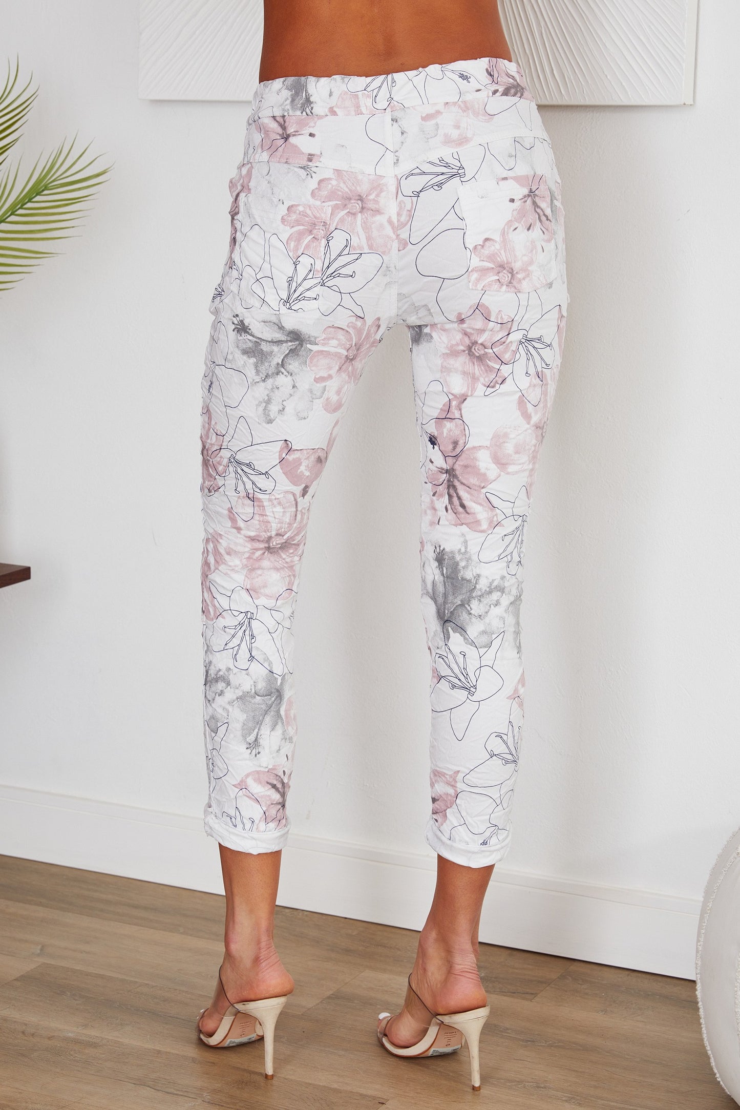White Floral Print Drawstring Crinkle Jogger Pants