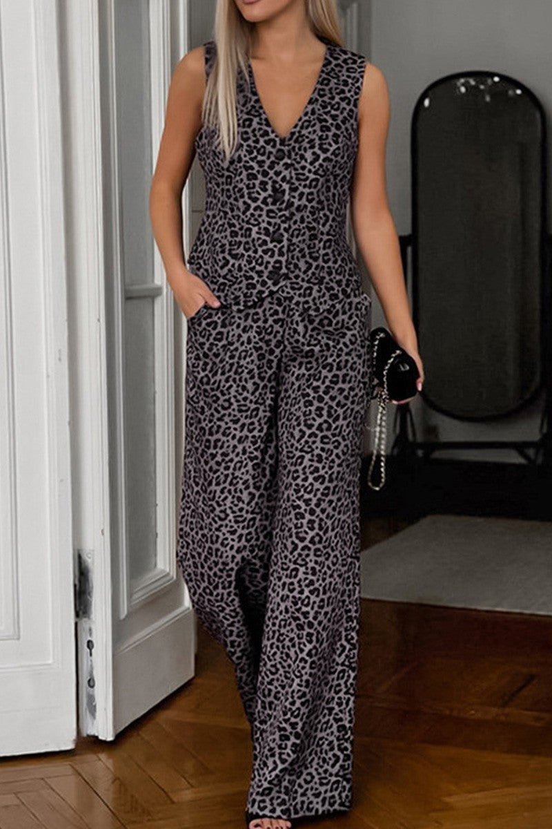 Brown Leopard Print Vest Long Pants Set
