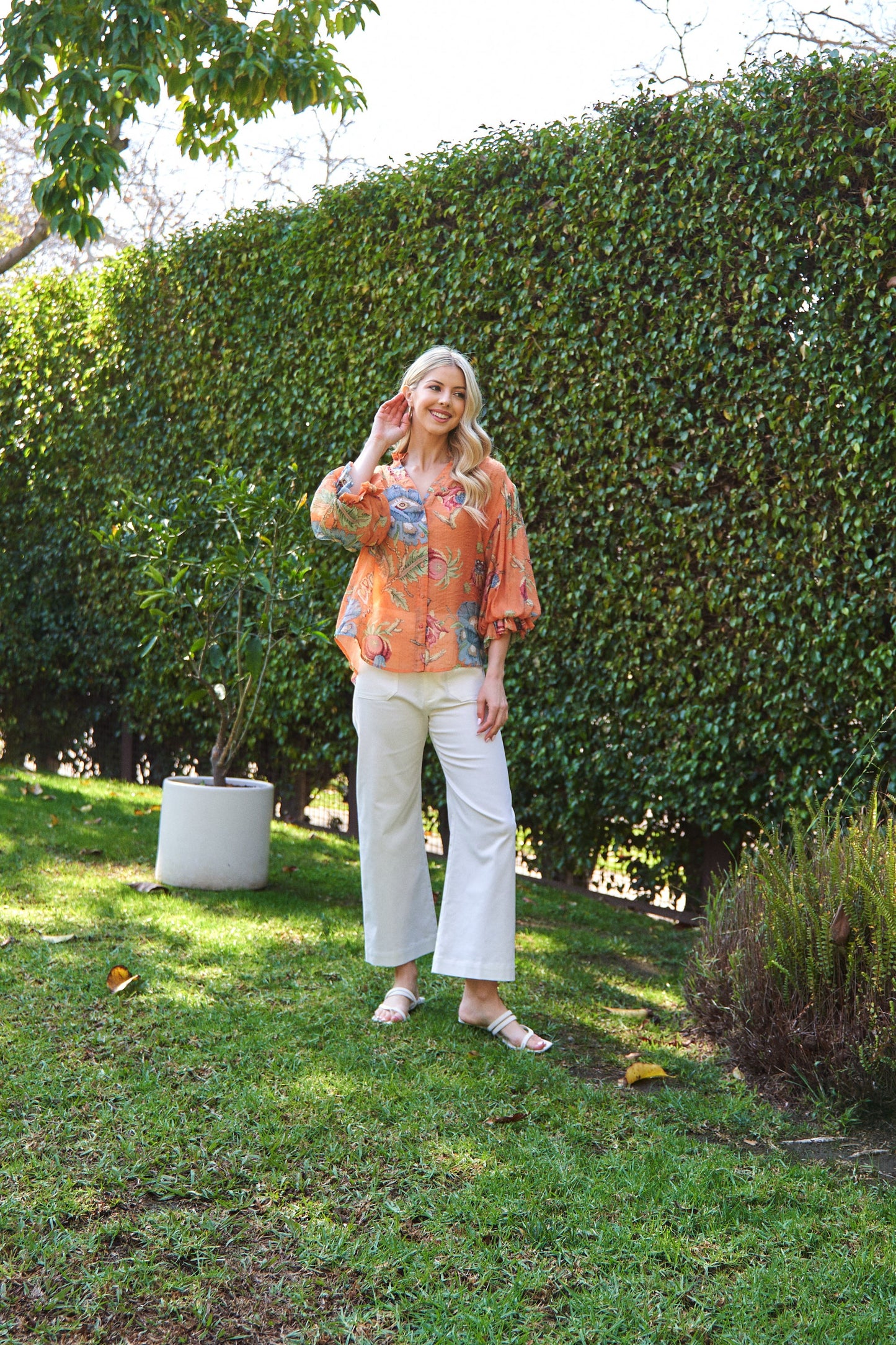Coral Printed Button Down Top