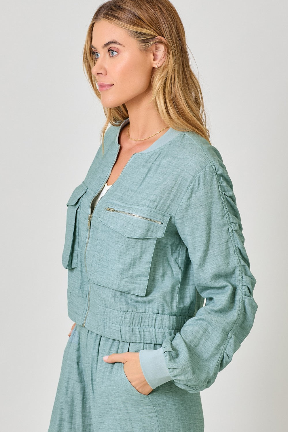 Powder Blue Washed Linen Bomber Jacket