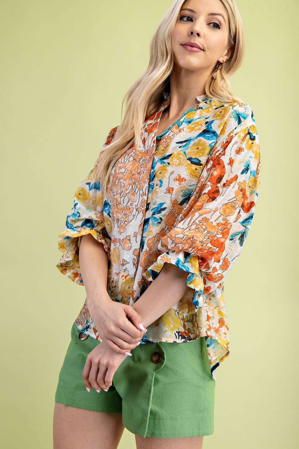 Mustard Mix Floral Printed Button Down Top