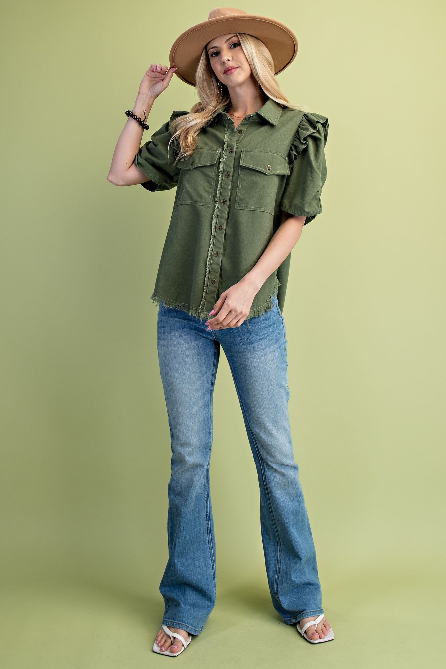 Olive Ruffled Gathered Sleeve Linen Button Up Shirt Top