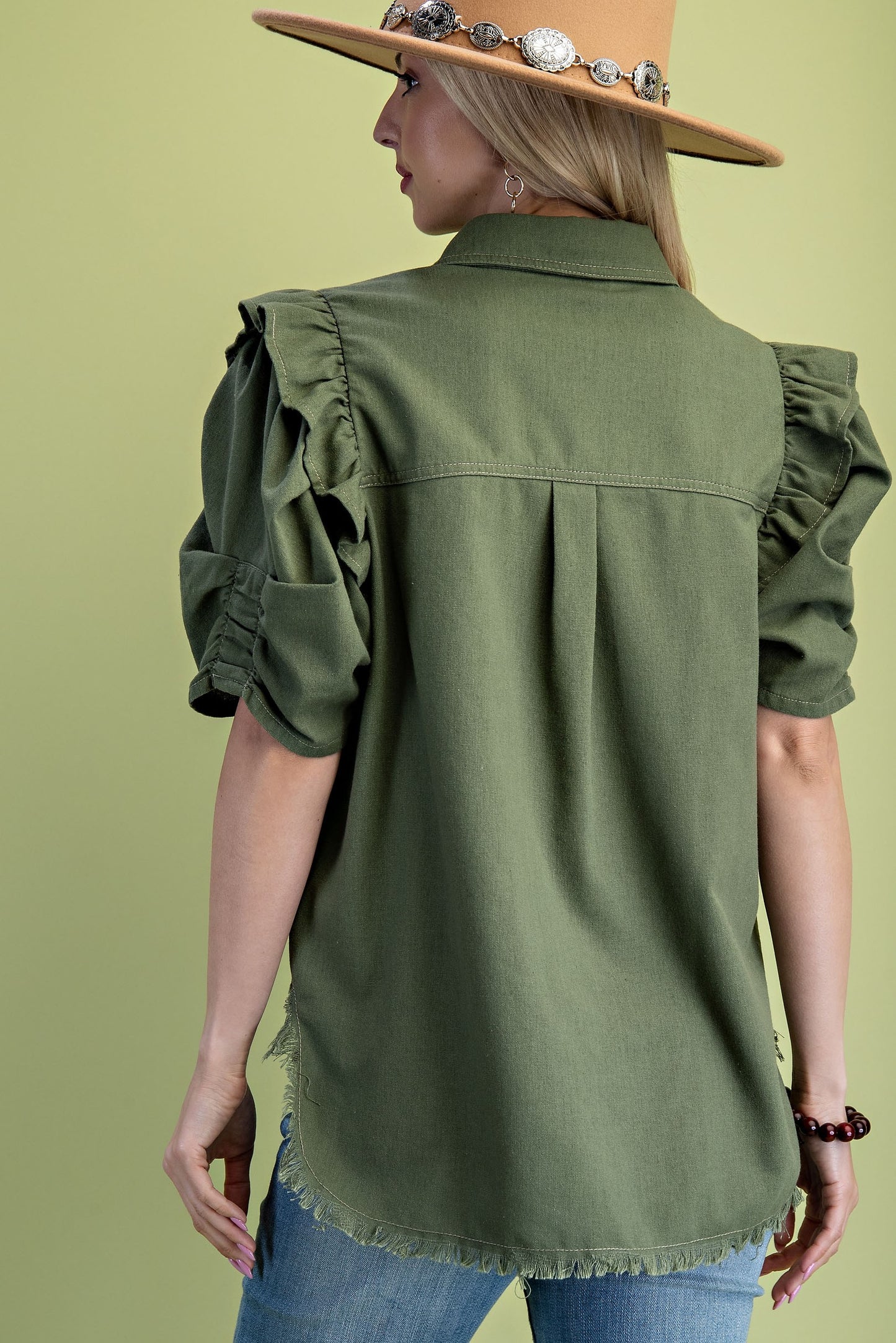 Olive Ruffled Gathered Sleeve Linen Button Up Shirt Top