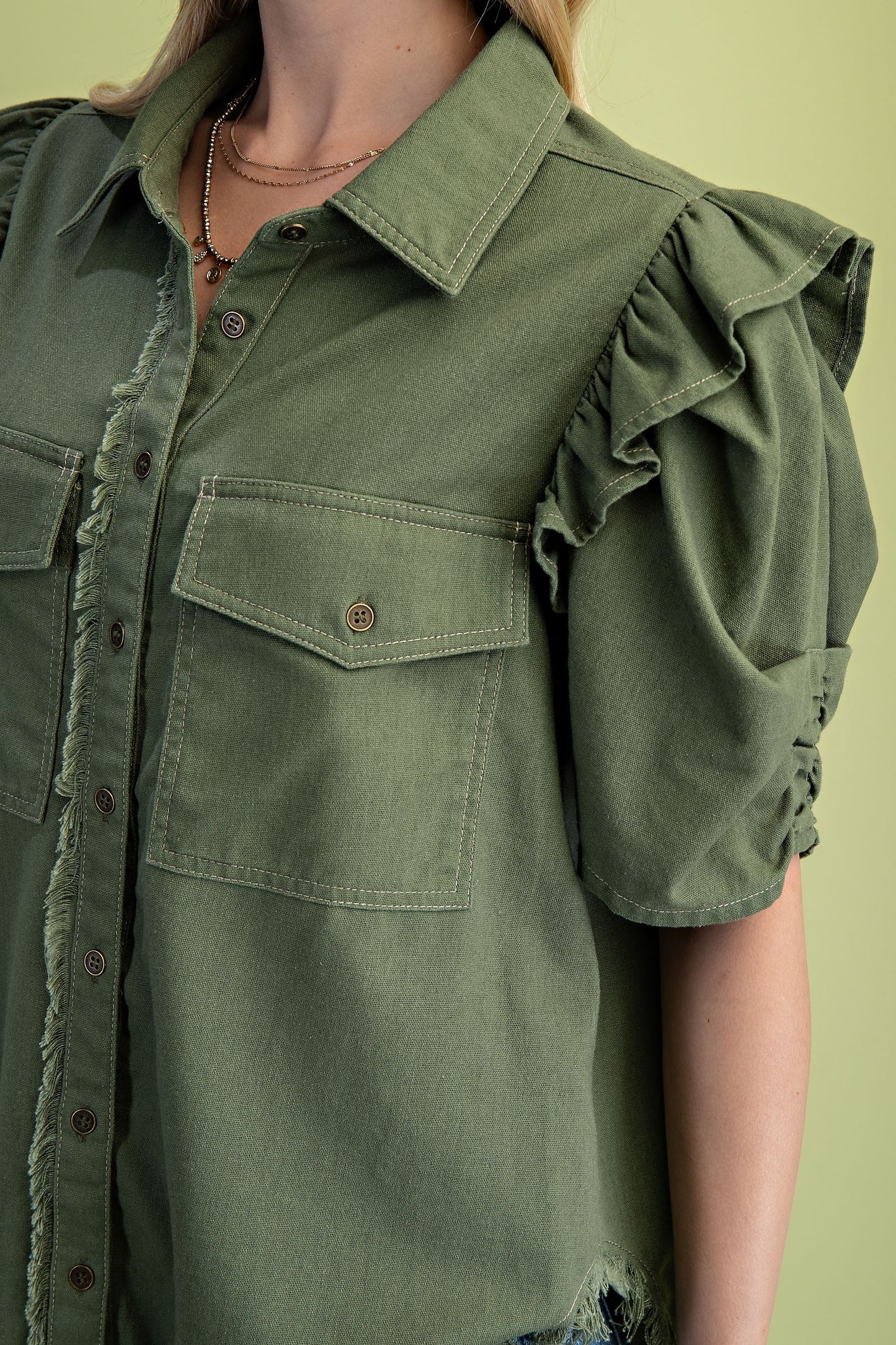 Olive Ruffled Gathered Sleeve Linen Button Up Shirt Top