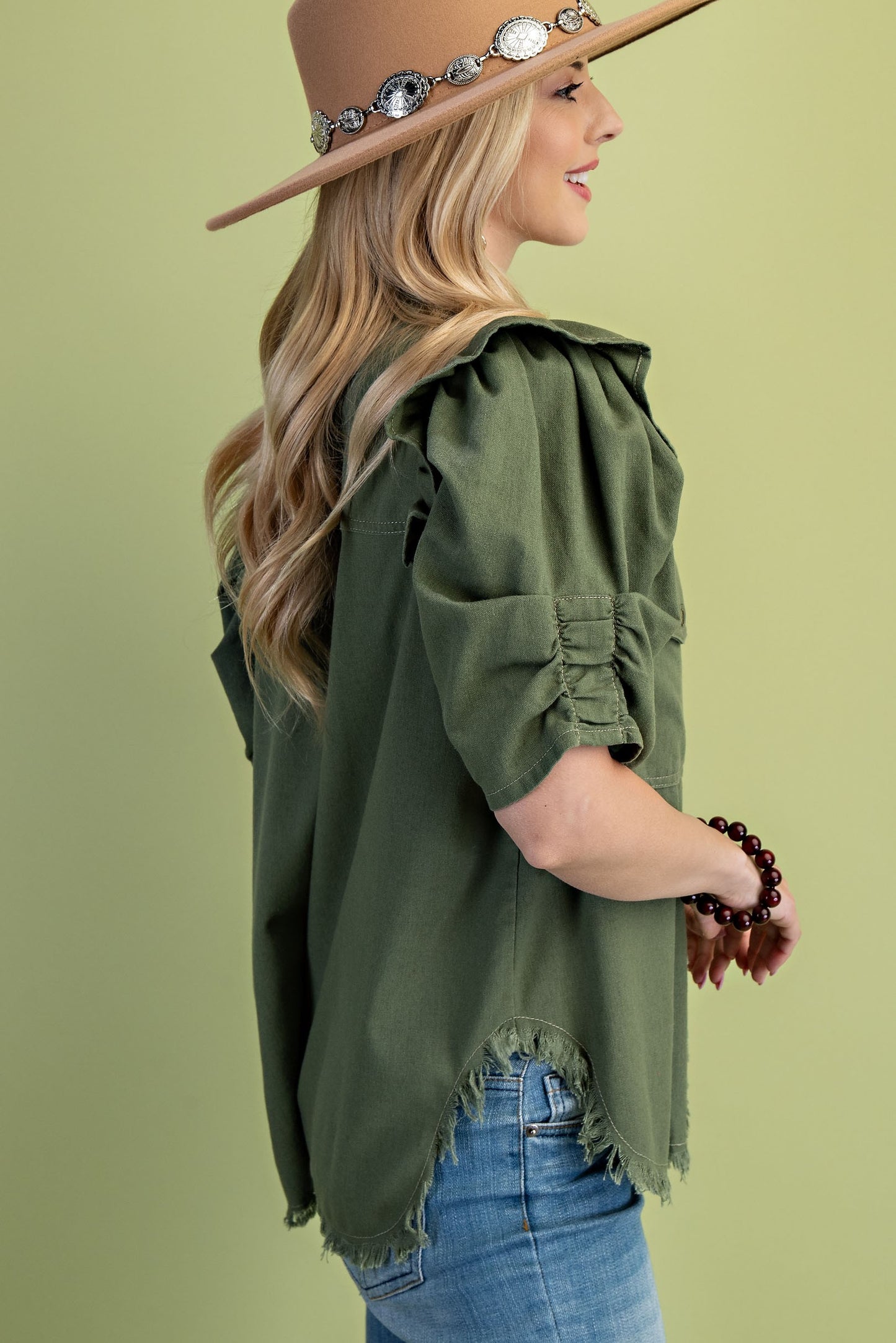 Olive Ruffled Gathered Sleeve Linen Button Up Shirt Top