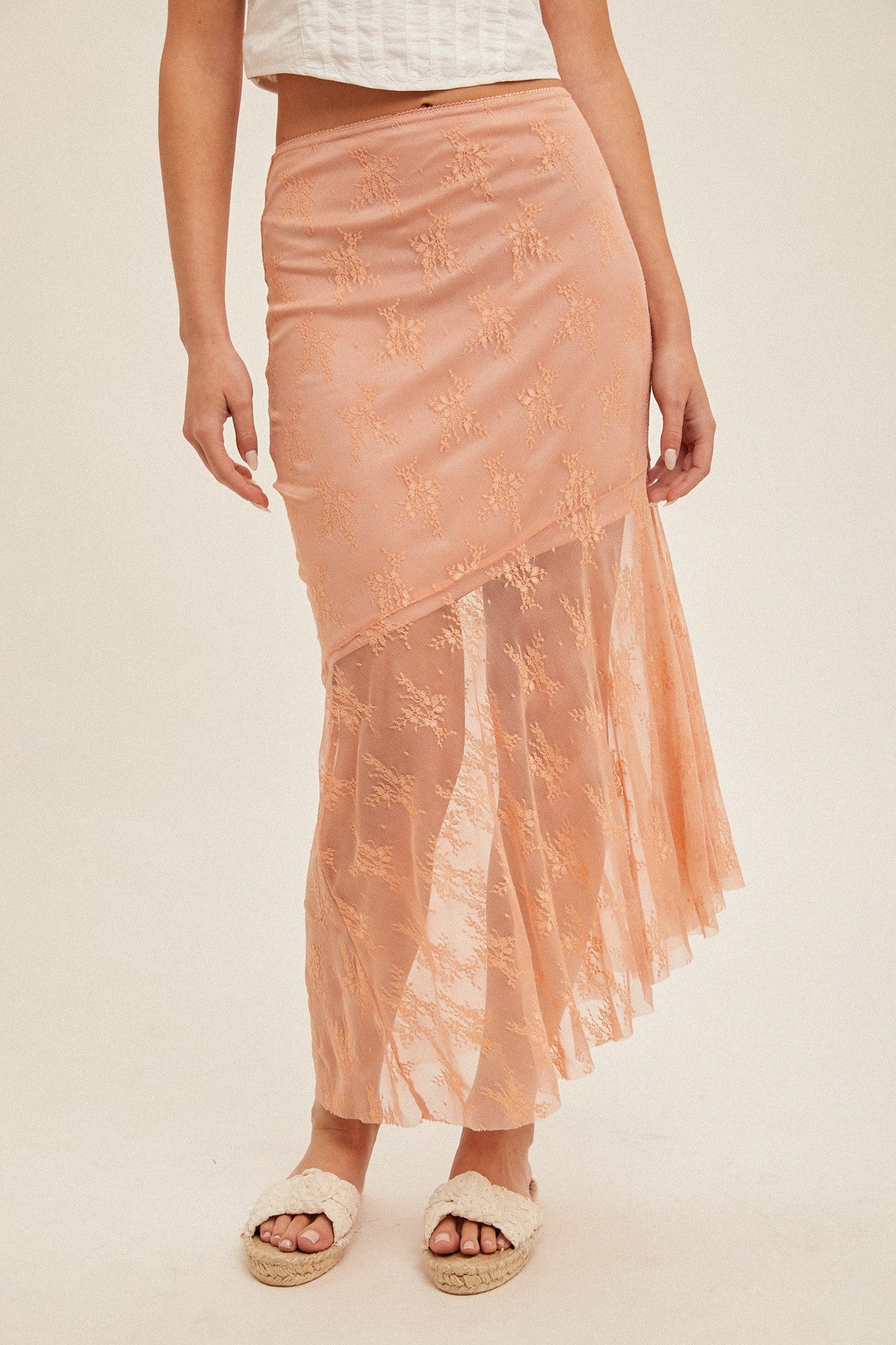 Coral Asymmetrical Lace Midi Skirt