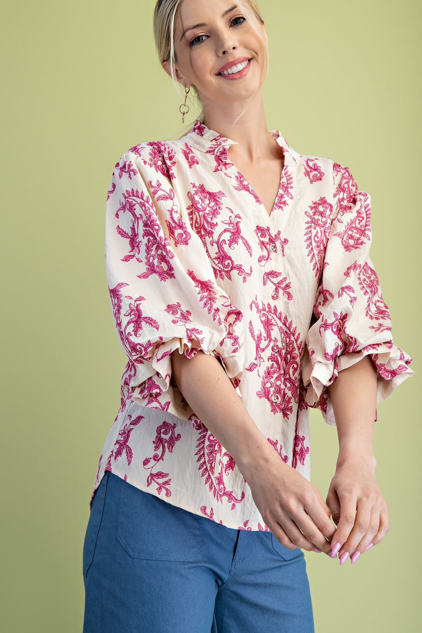 Fuchsia Botton Down Blouse With 3/4 Length Balloon Sleeves