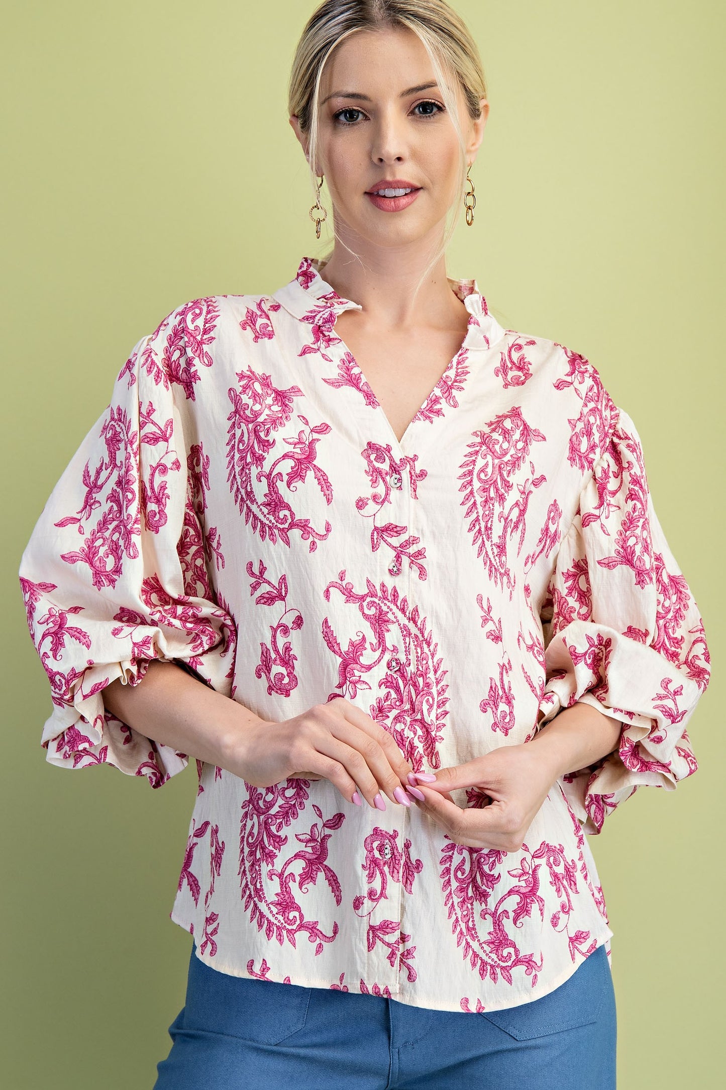 Fuchsia Botton Down Blouse With 3/4 Length Balloon Sleeves