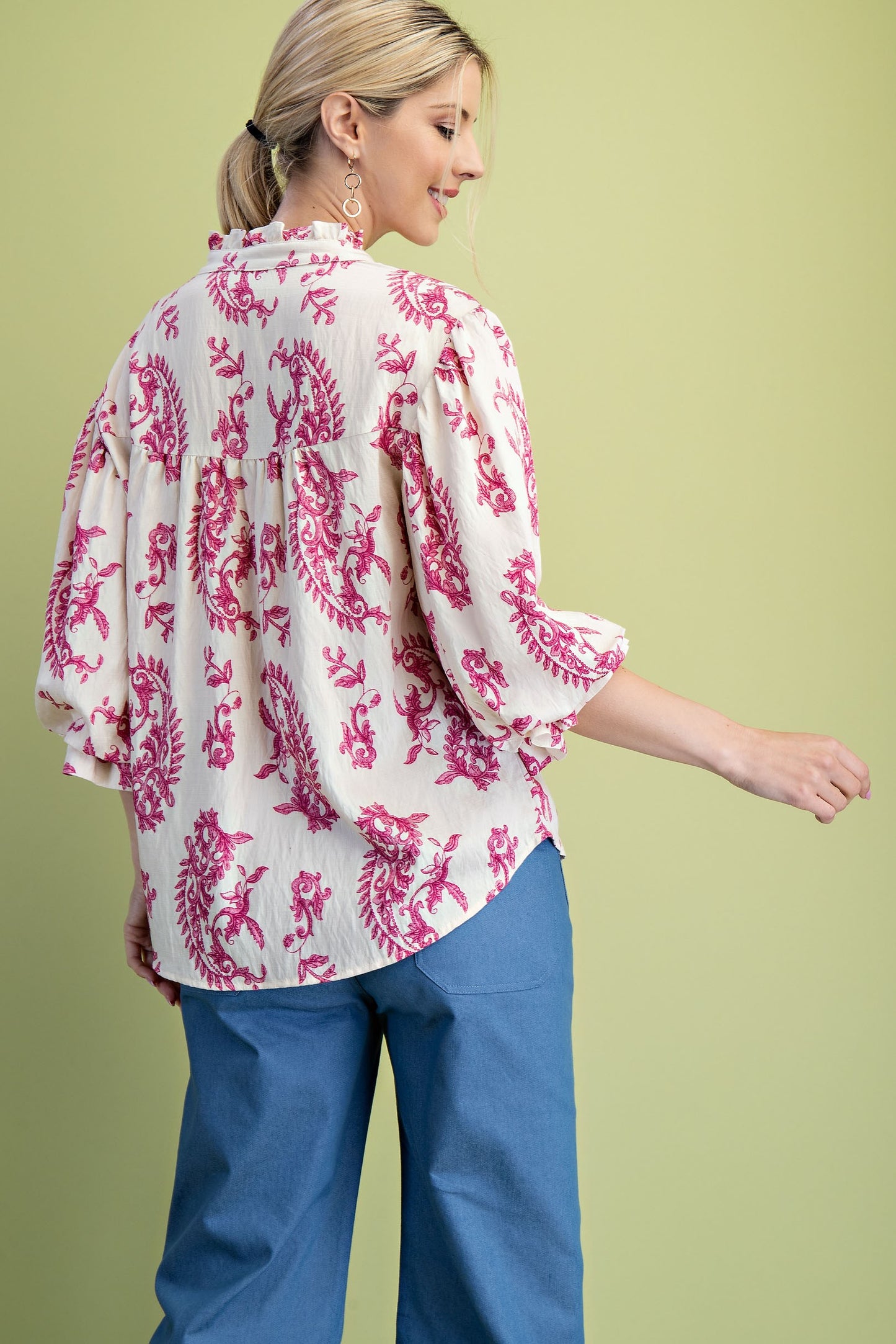 Fuchsia Botton Down Blouse With 3/4 Length Balloon Sleeves