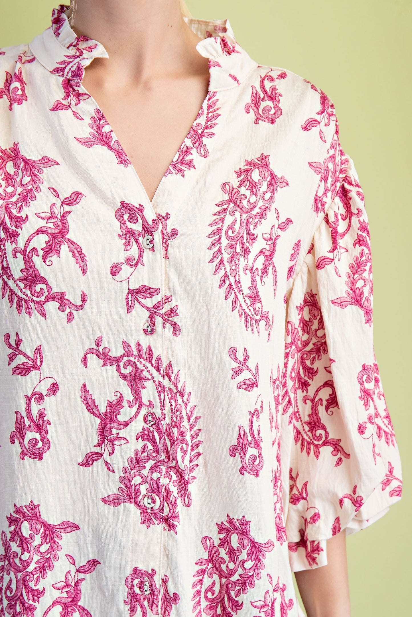 Fuchsia Botton Down Blouse With 3/4 Length Balloon Sleeves