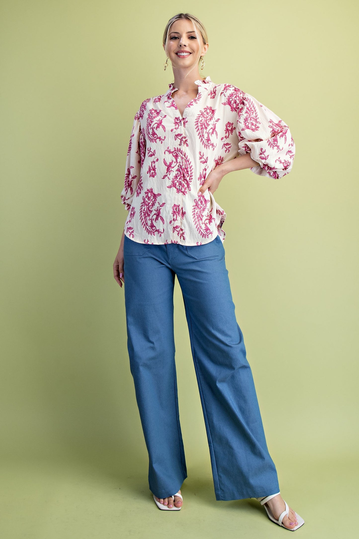 Fuchsia Botton Down Blouse With 3/4 Length Balloon Sleeves
