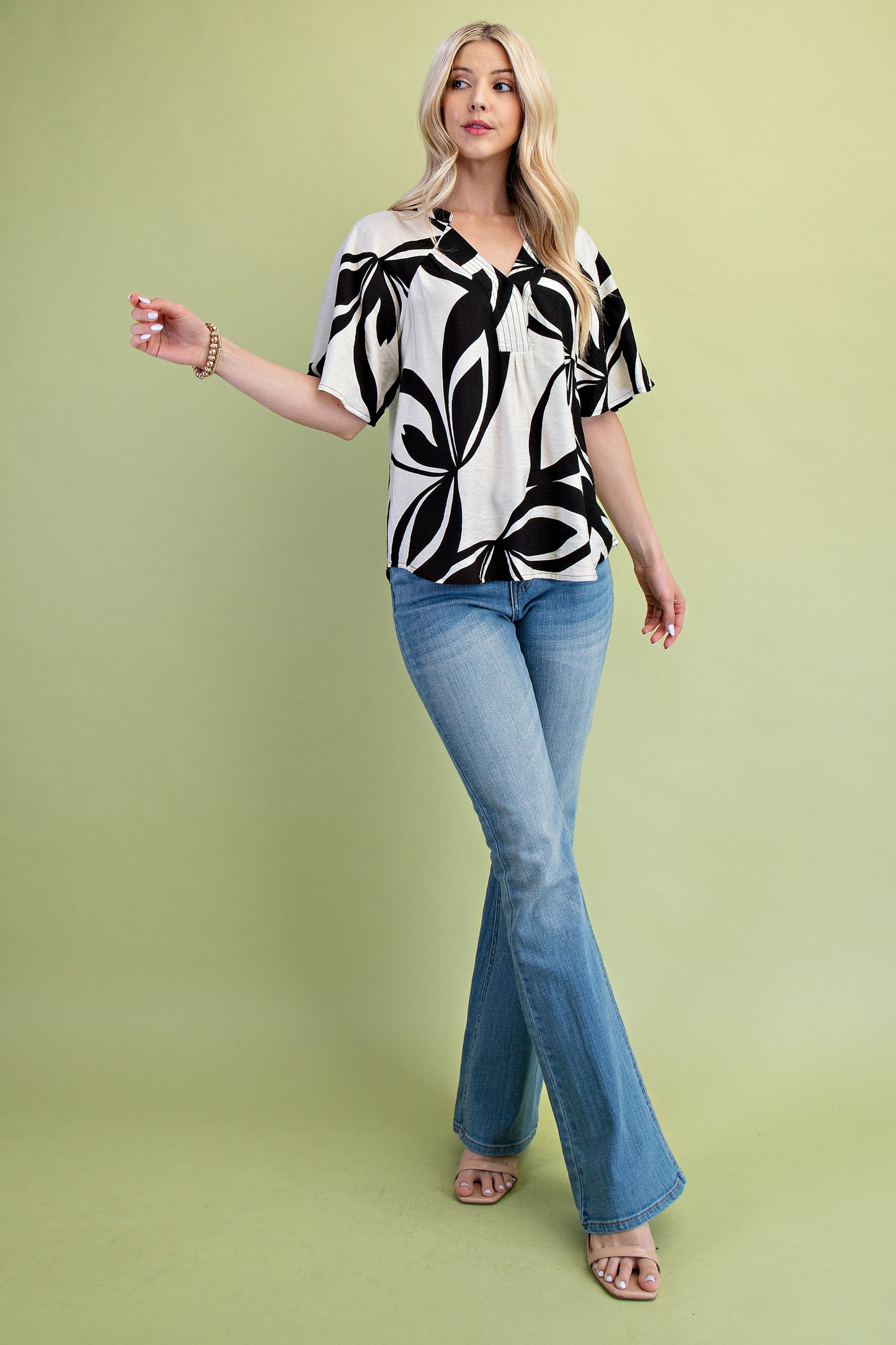 Black Mix Tropical Printed V-neck Top