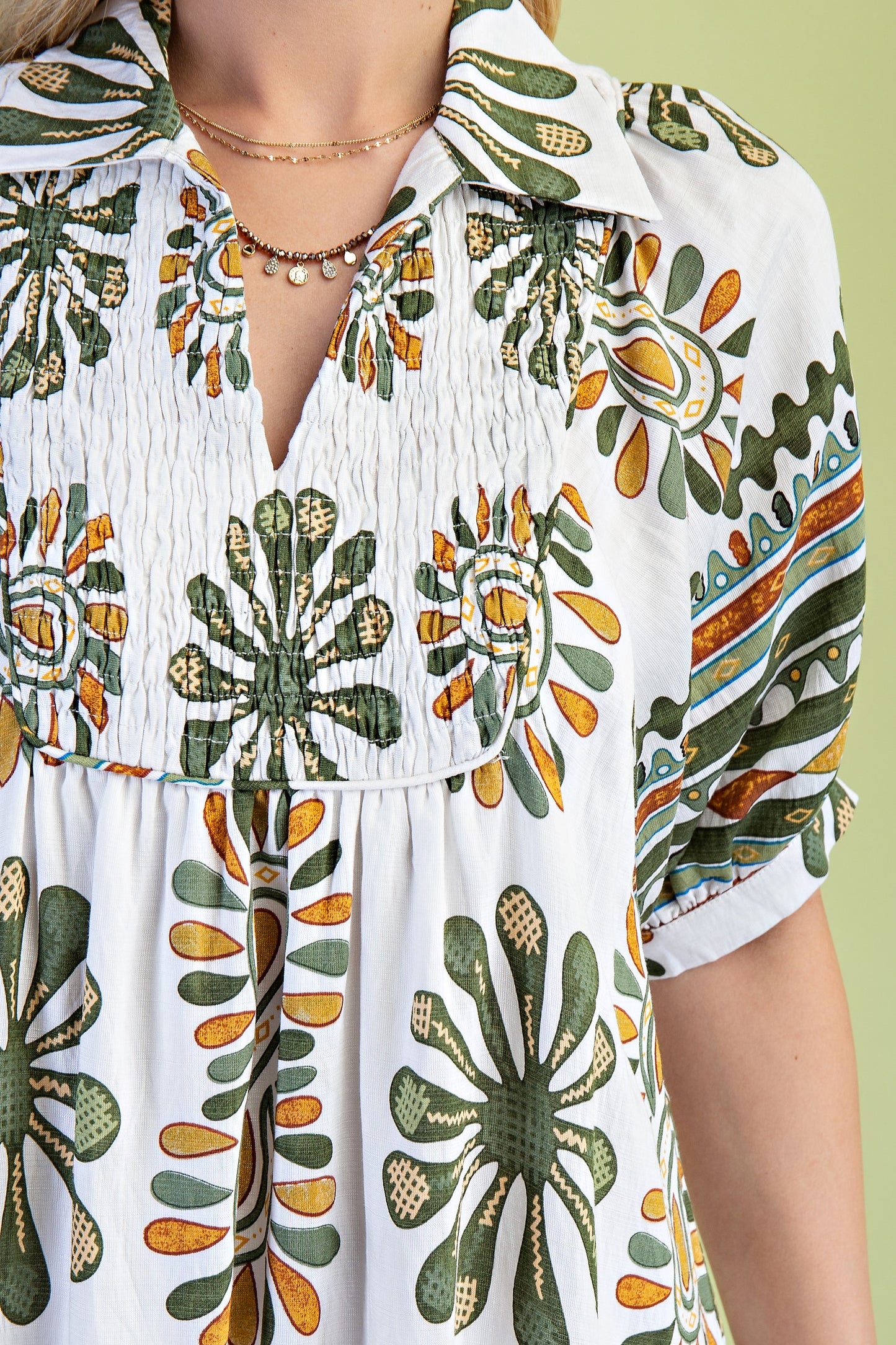 Olive Mix Printed Smocked Yoke Mini Dress