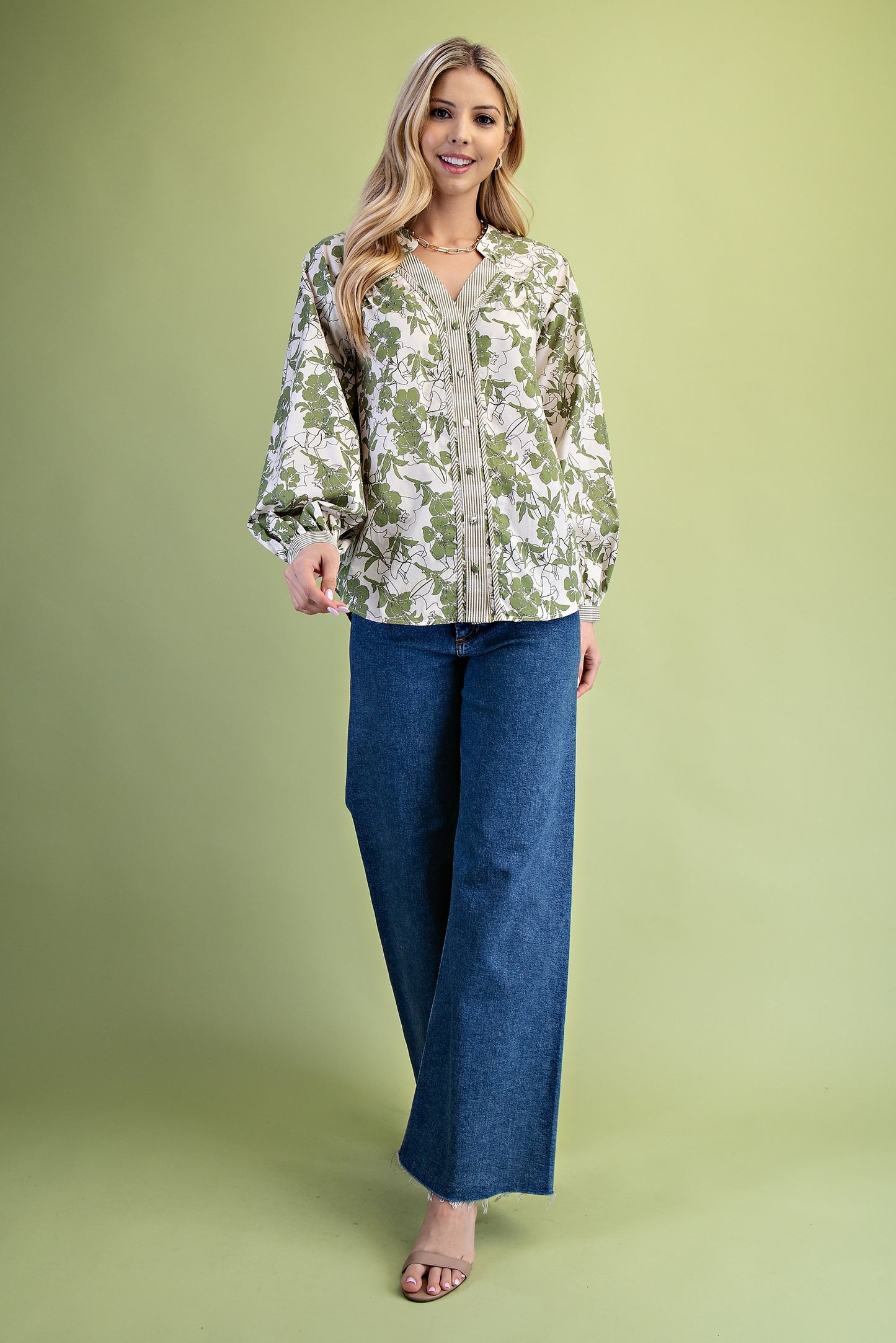Moss Green Mix Floral Button Down V-neck Blouse Top