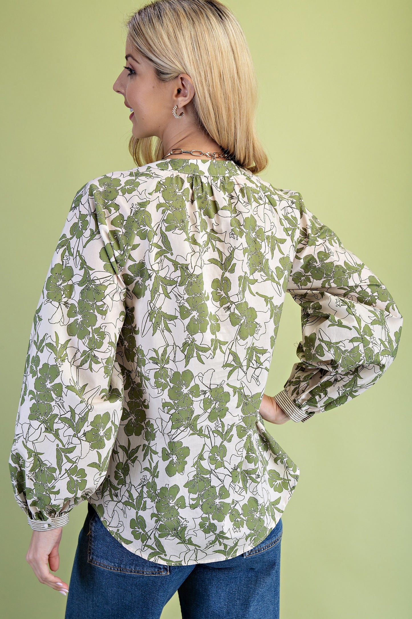 Moss Green Mix Floral Button Down V-neck Blouse Top