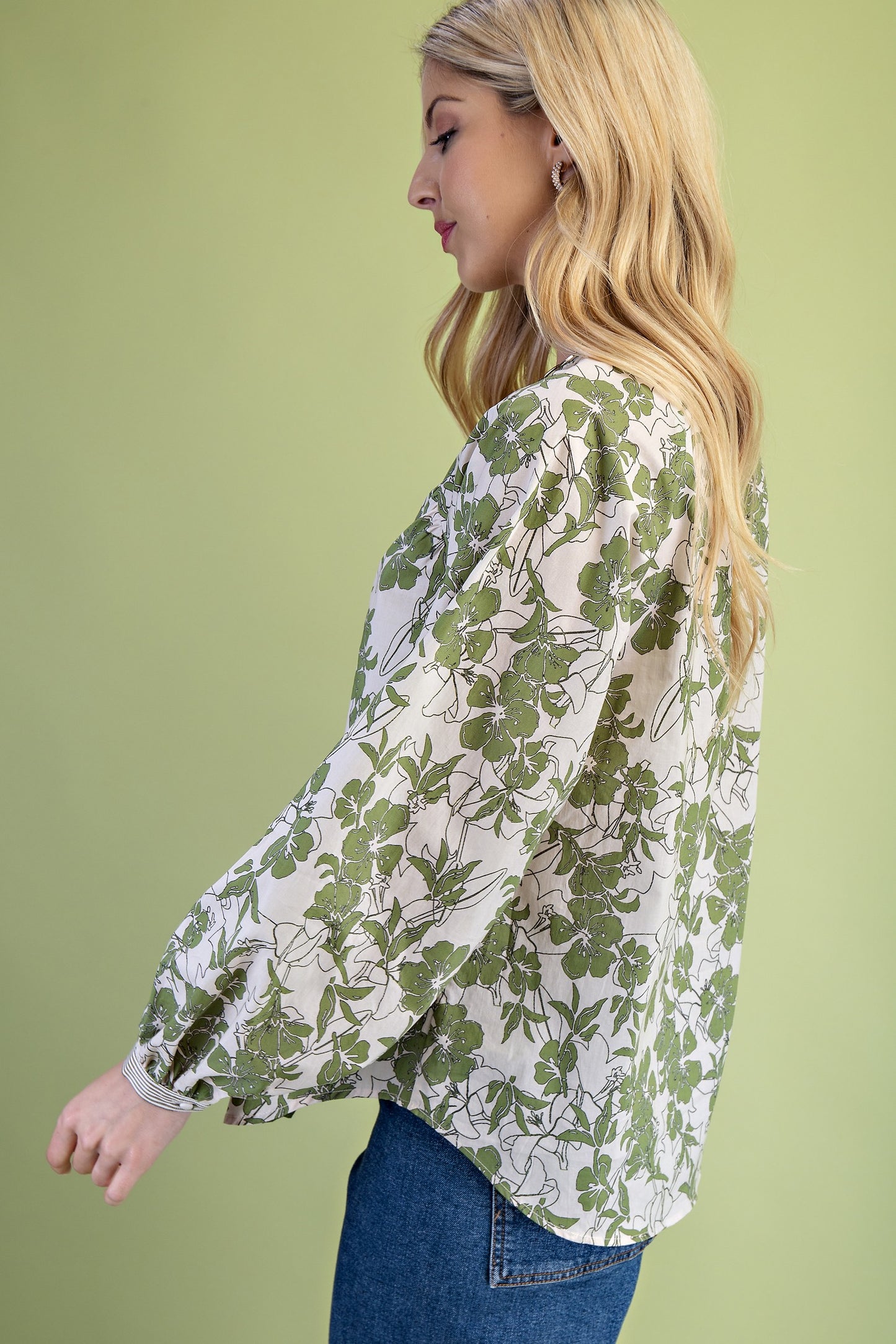 Moss Green Mix Floral Button Down V-neck Blouse Top