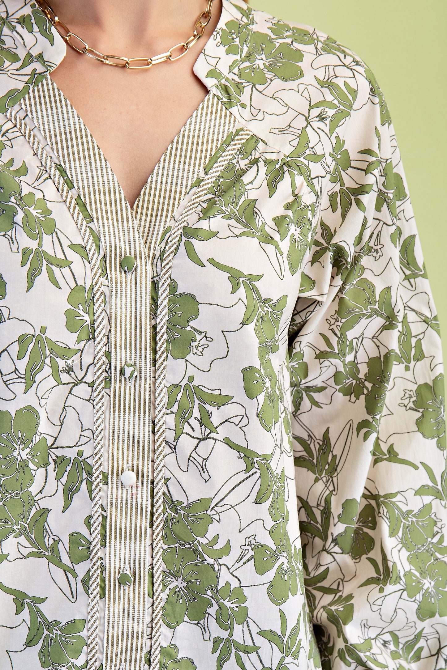 Moss Green Mix Floral Button Down V-neck Blouse Top