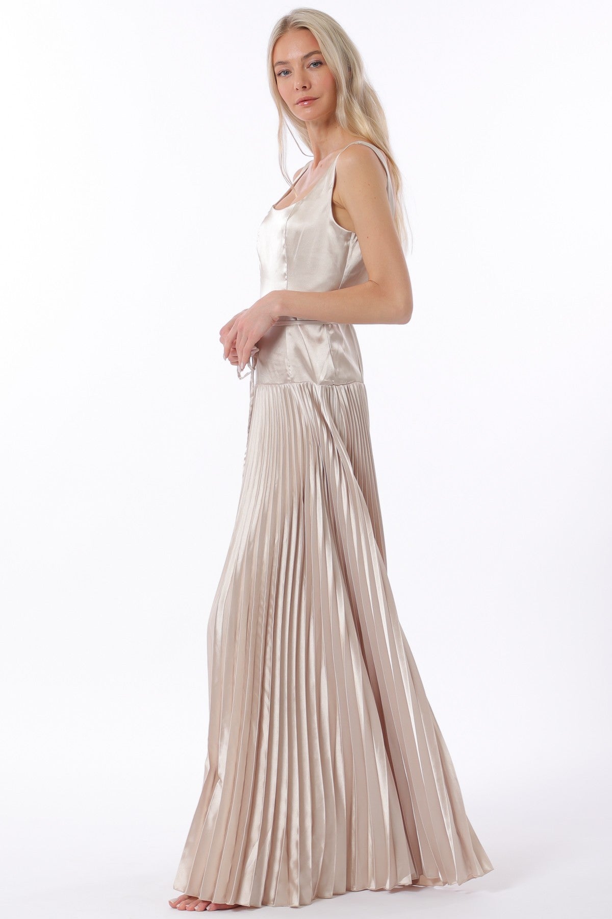 Champagne Sleeveless Tie Front Waisted Pleat Maxi Dress