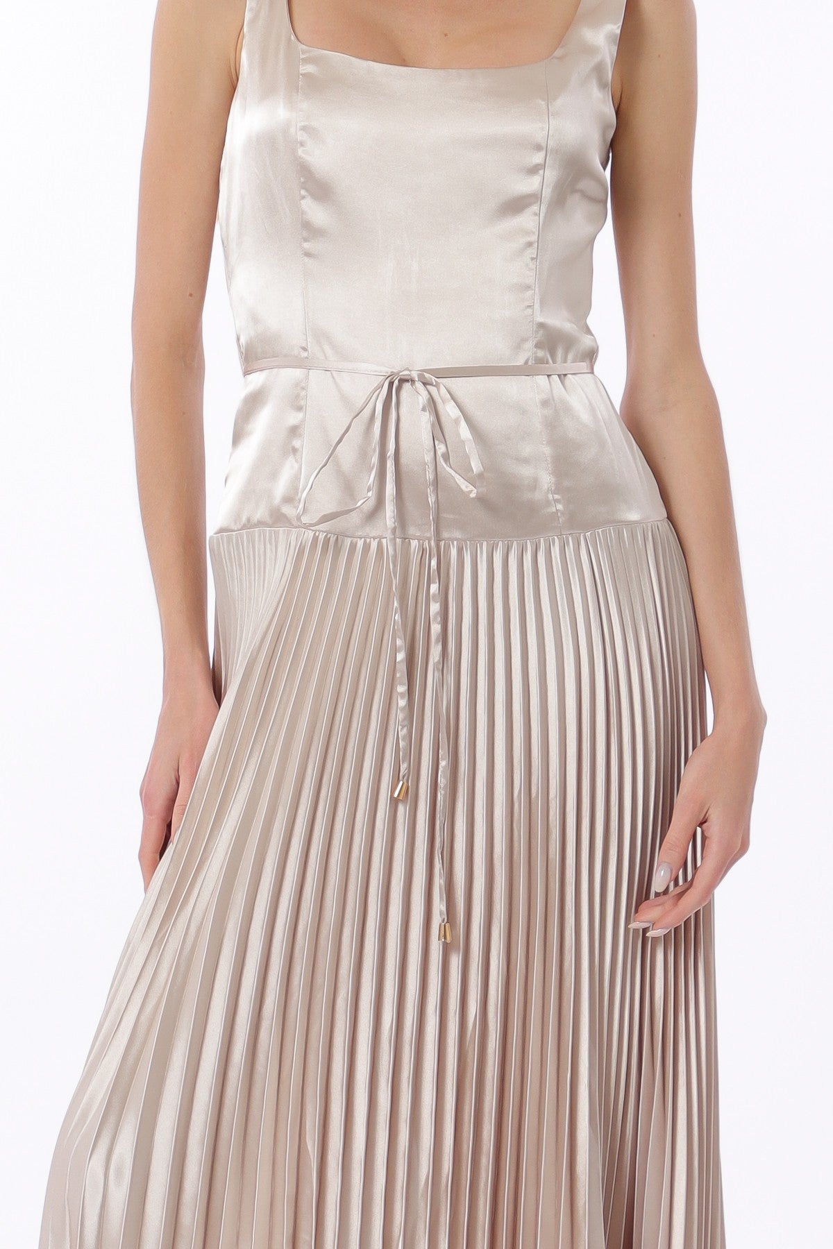 Champagne Sleeveless Tie Front Waisted Pleat Maxi Dress