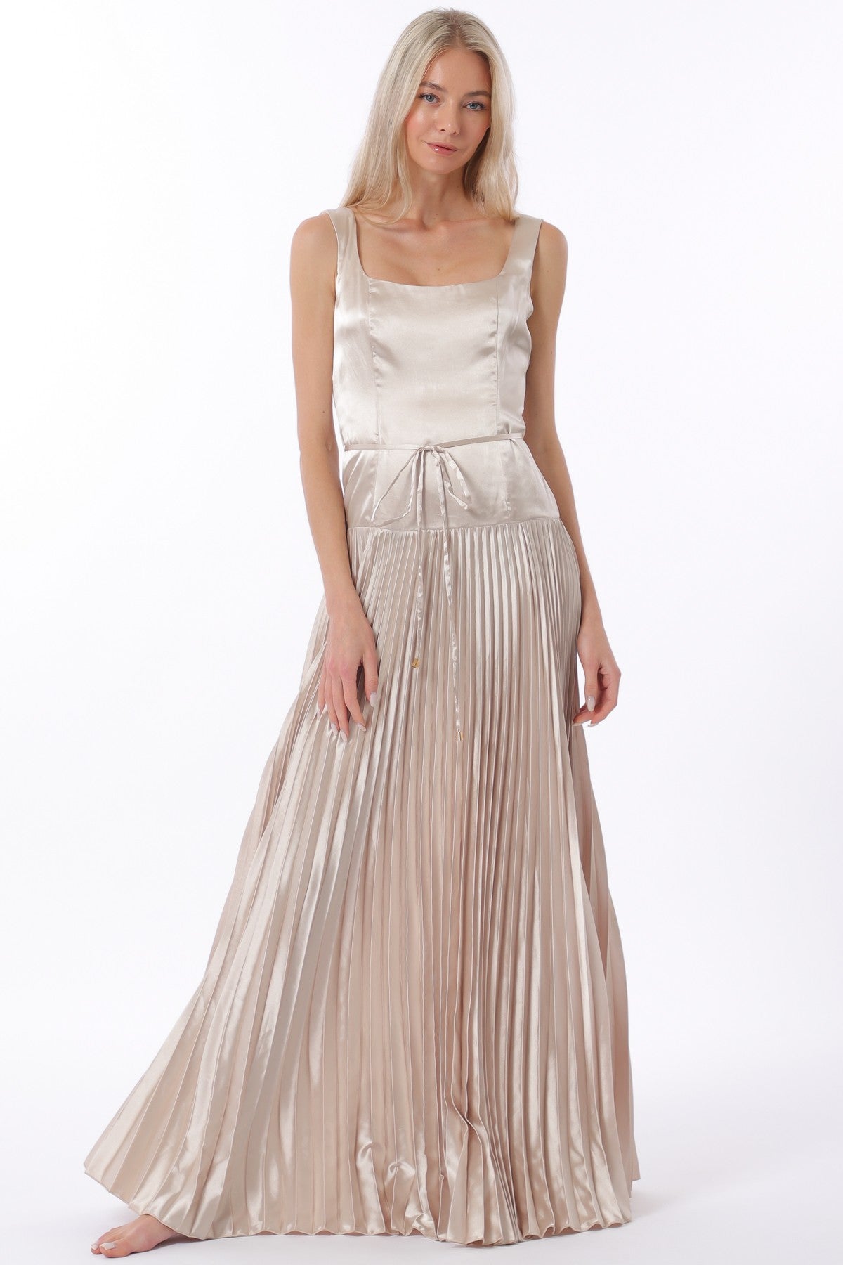 Champagne Sleeveless Tie Front Waisted Pleat Maxi Dress