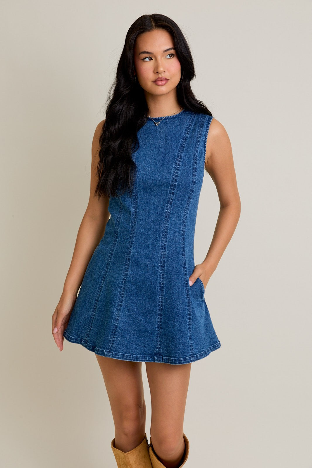 Denim Round Neck Sleeveless Denim Dress