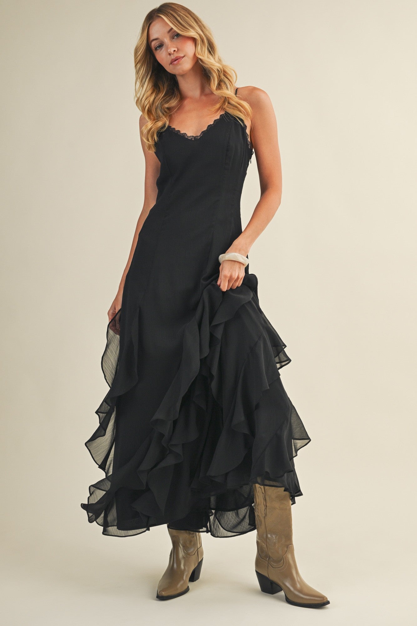 Black Lace V Neck Ruffled Cami Dress