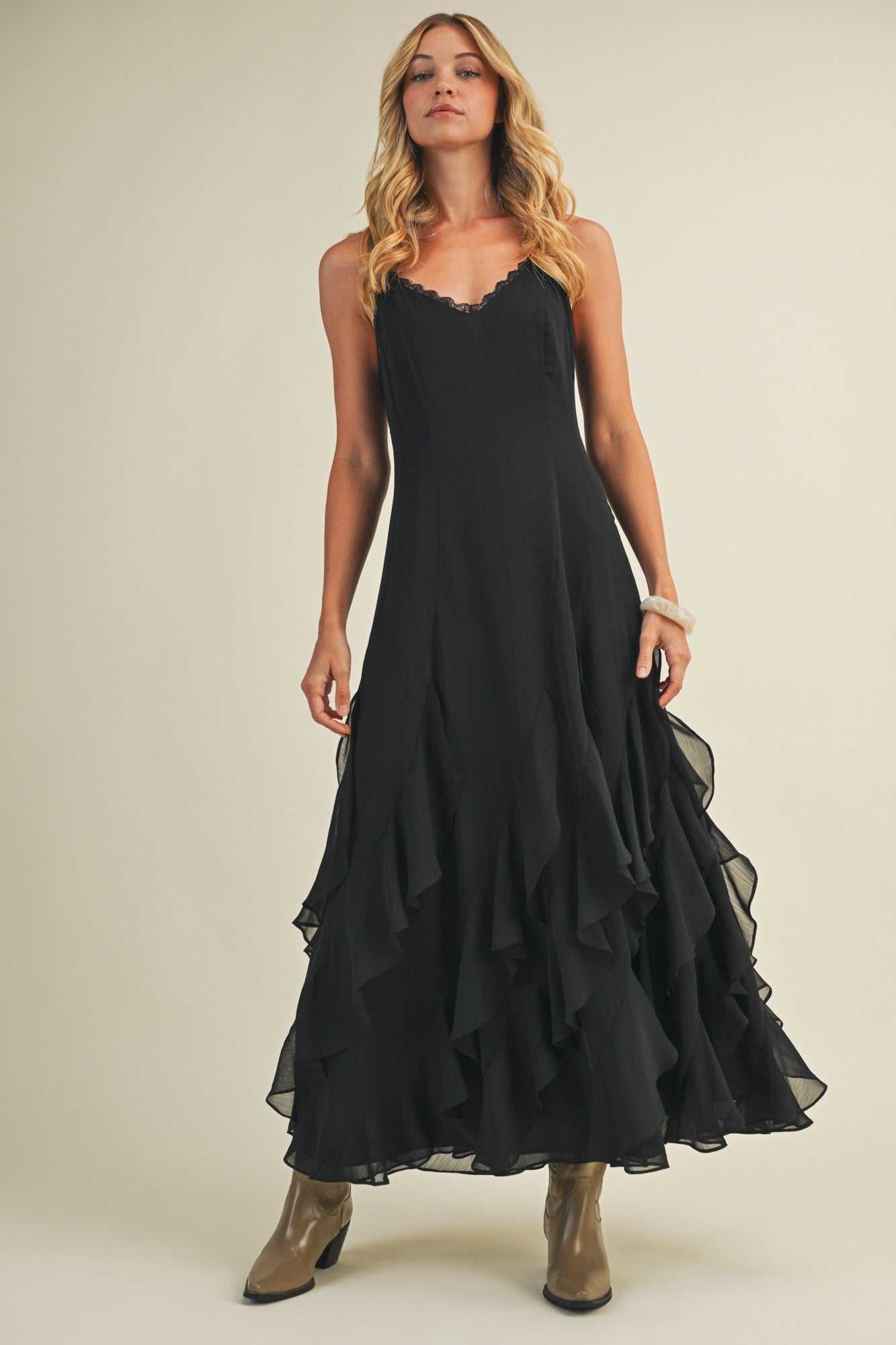 Black Lace V Neck Ruffled Cami Dress