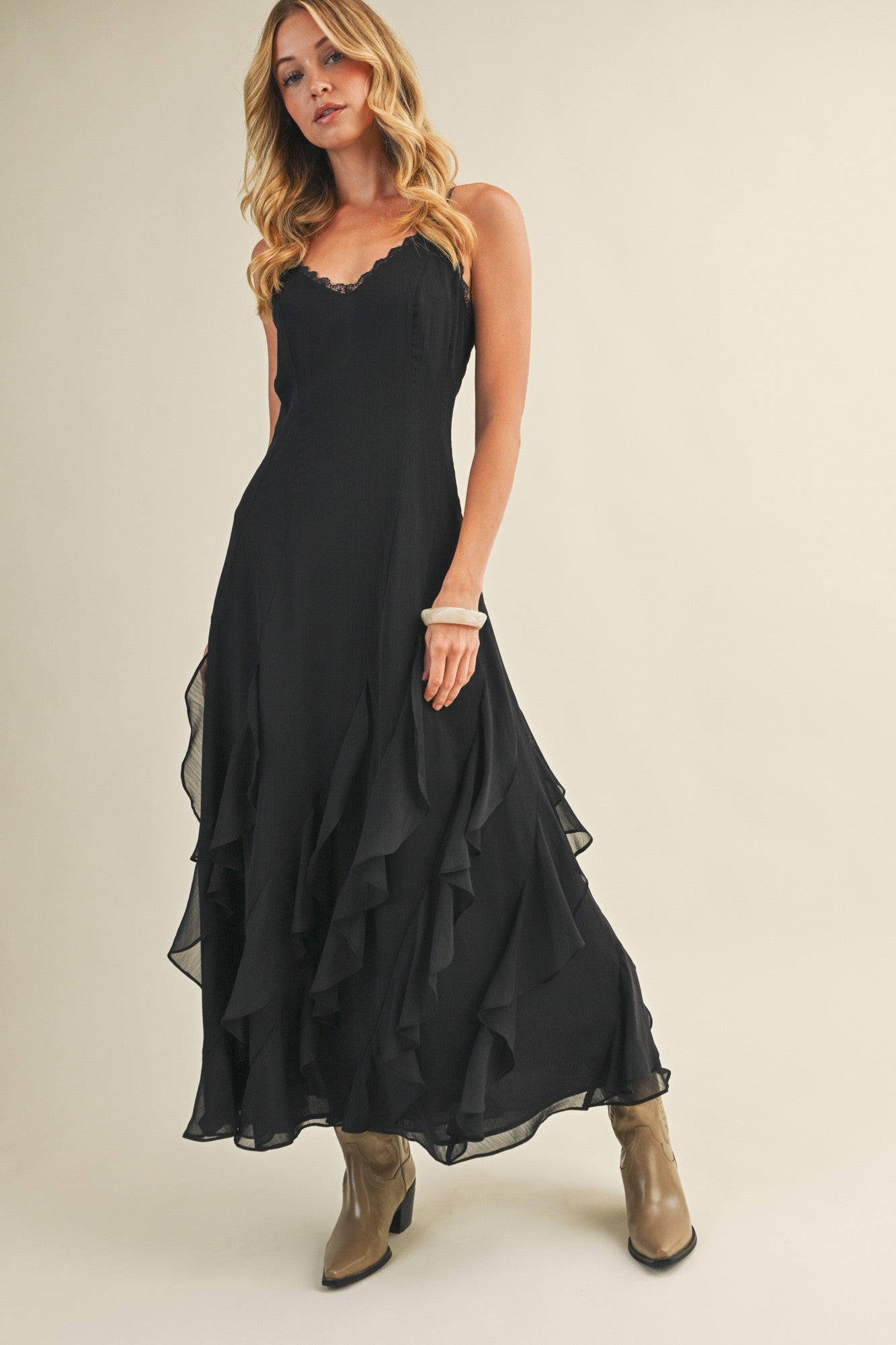 Black Lace V Neck Ruffled Cami Dress