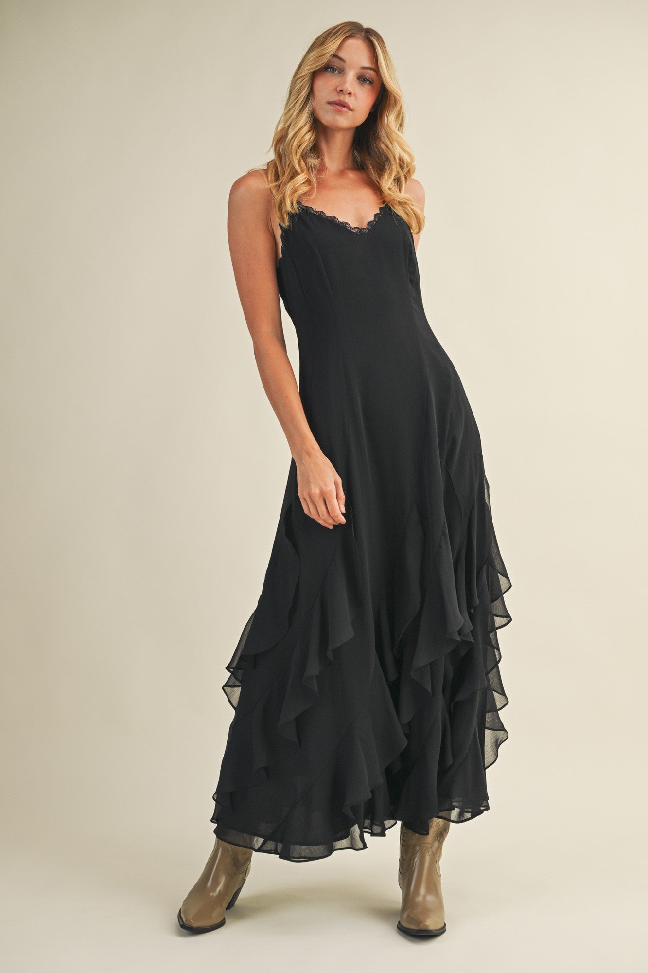 Black Lace V Neck Ruffled Cami Dress