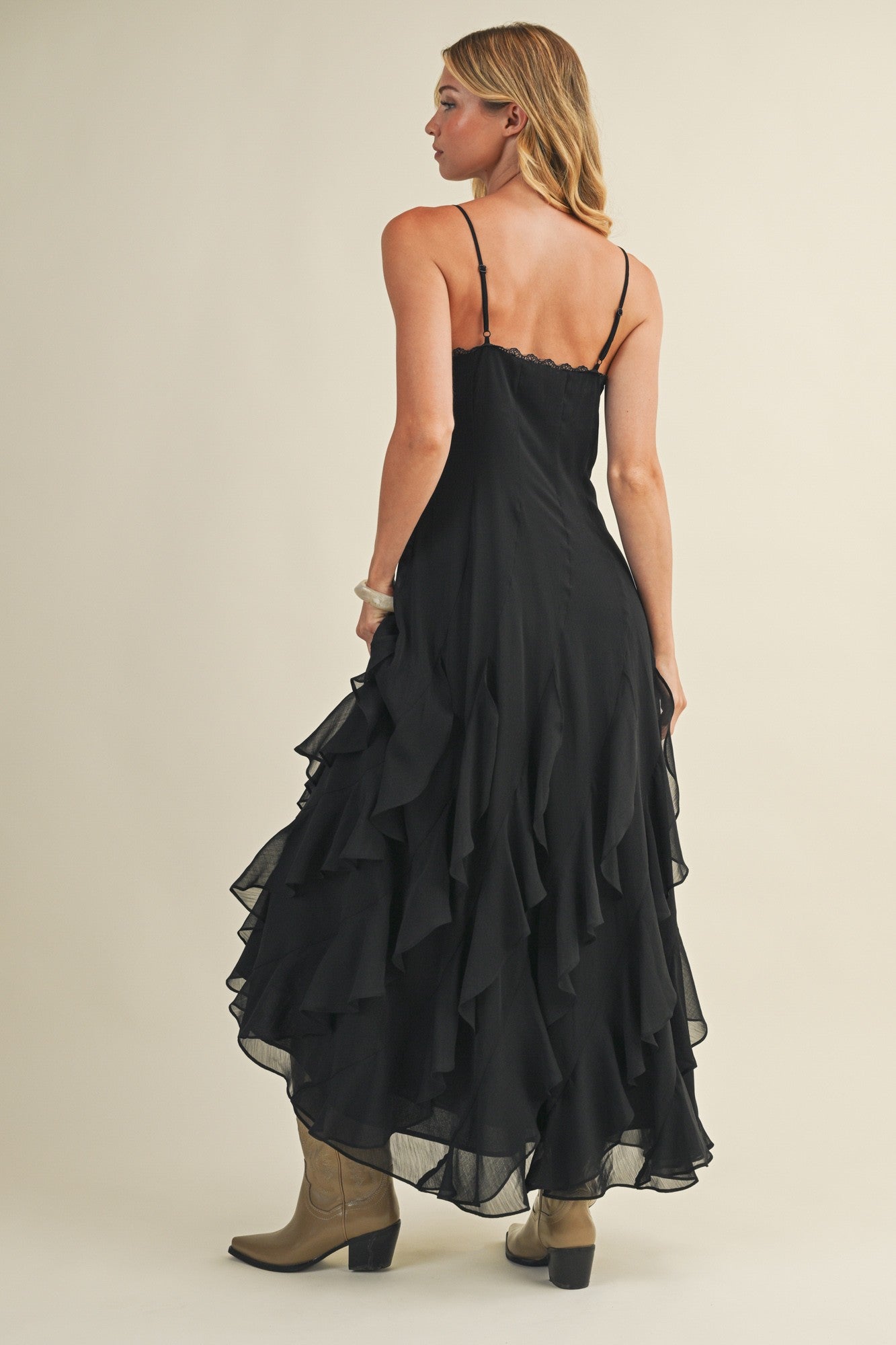 Black Lace V Neck Ruffled Cami Dress