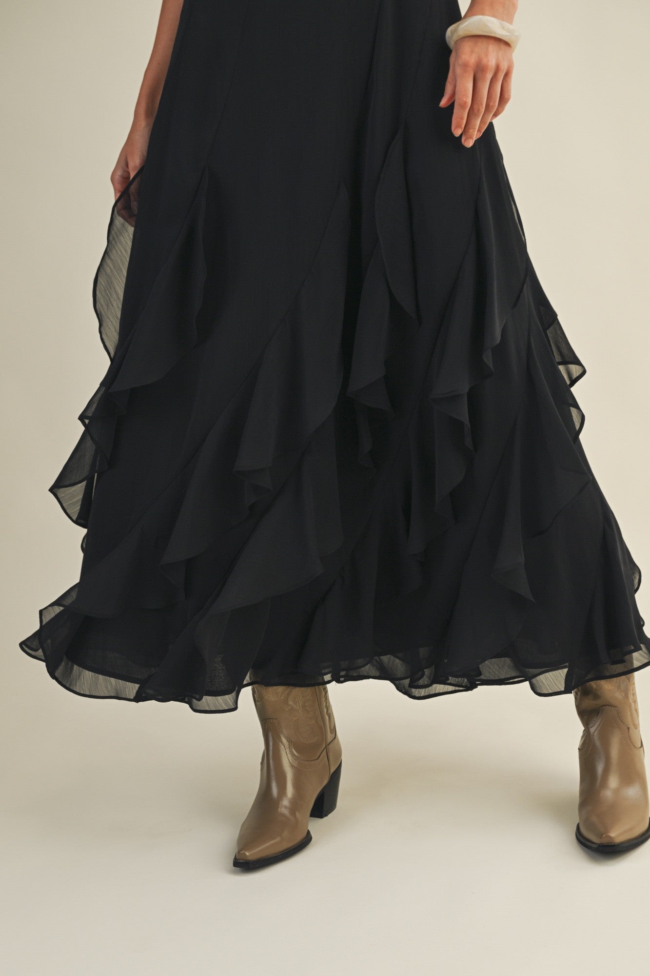 Black Lace V Neck Ruffled Cami Dress