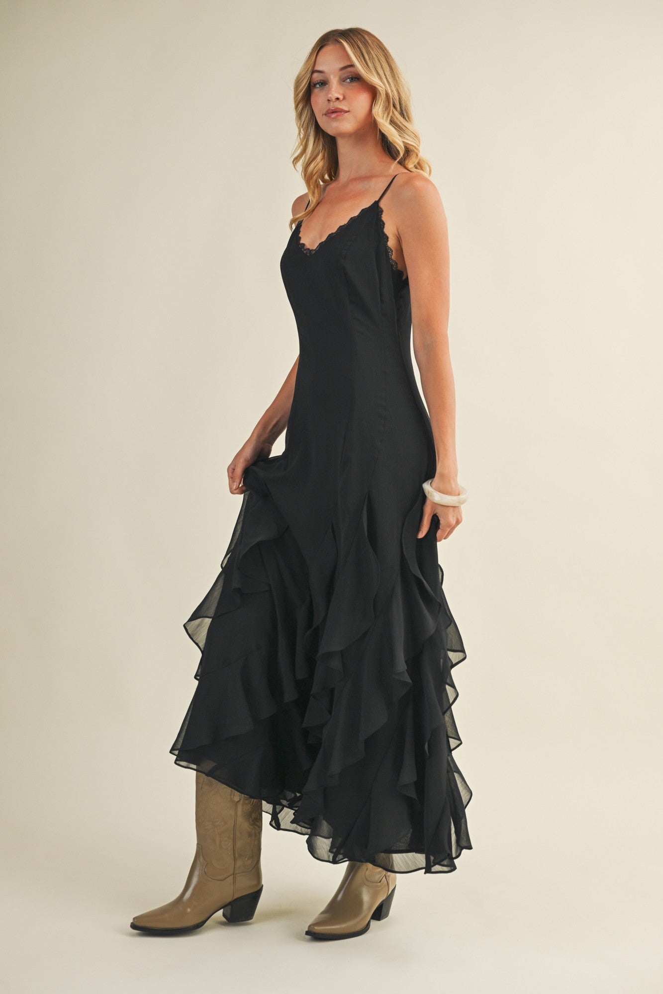 Black Lace V Neck Ruffled Cami Dress