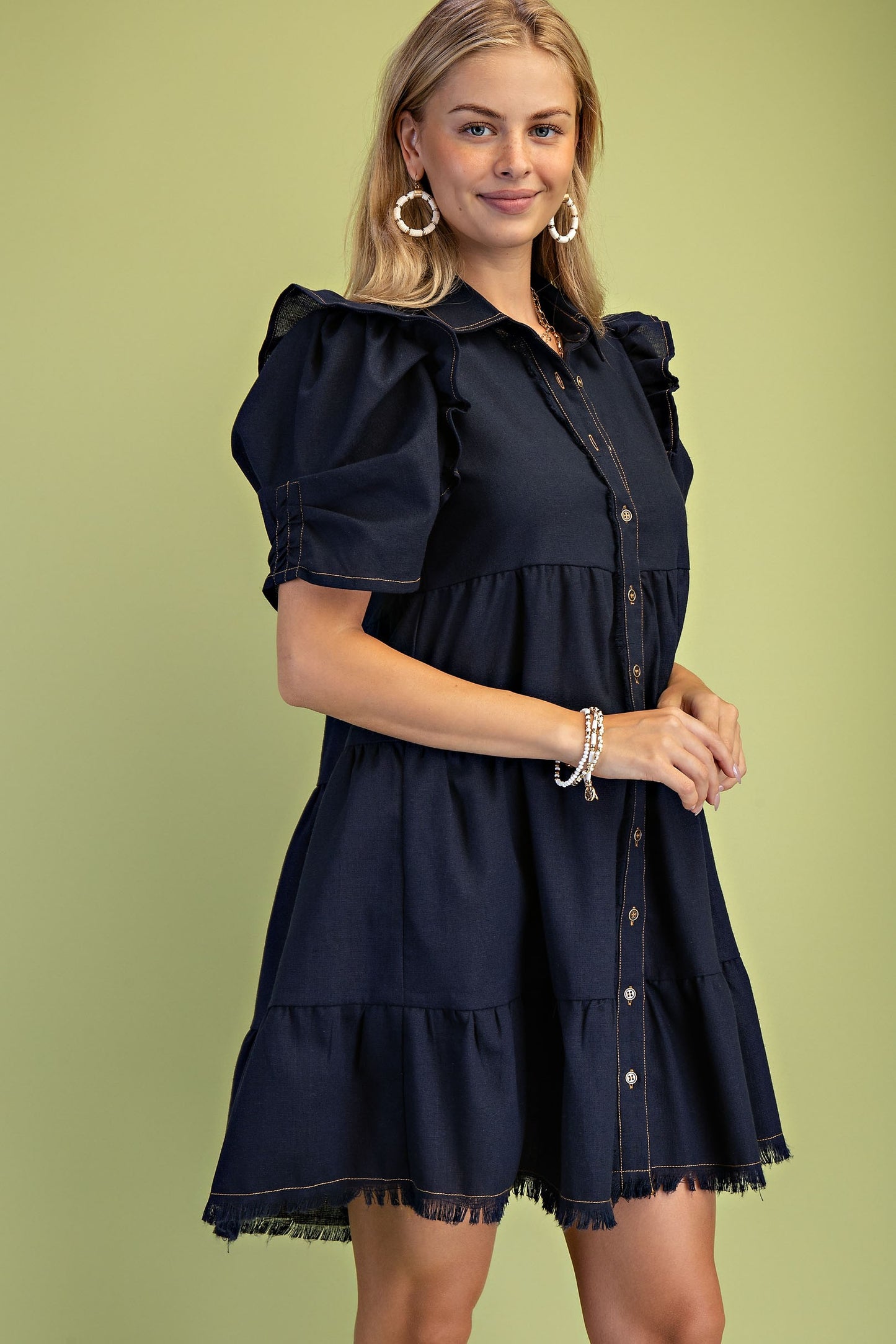 Dark Navy Linen Button Up Shirt Dress