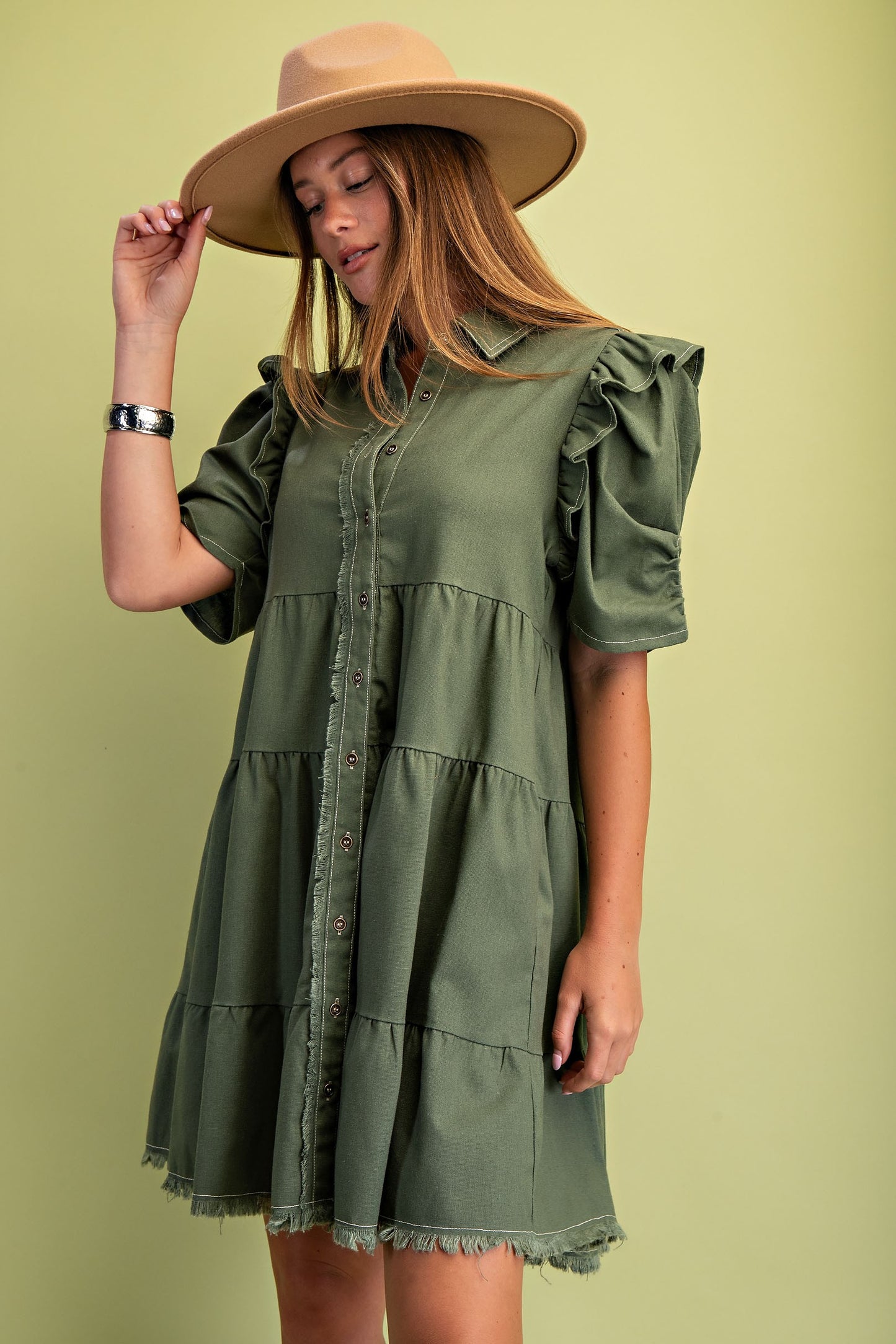 Olive Linen Button Up Shirt Dress