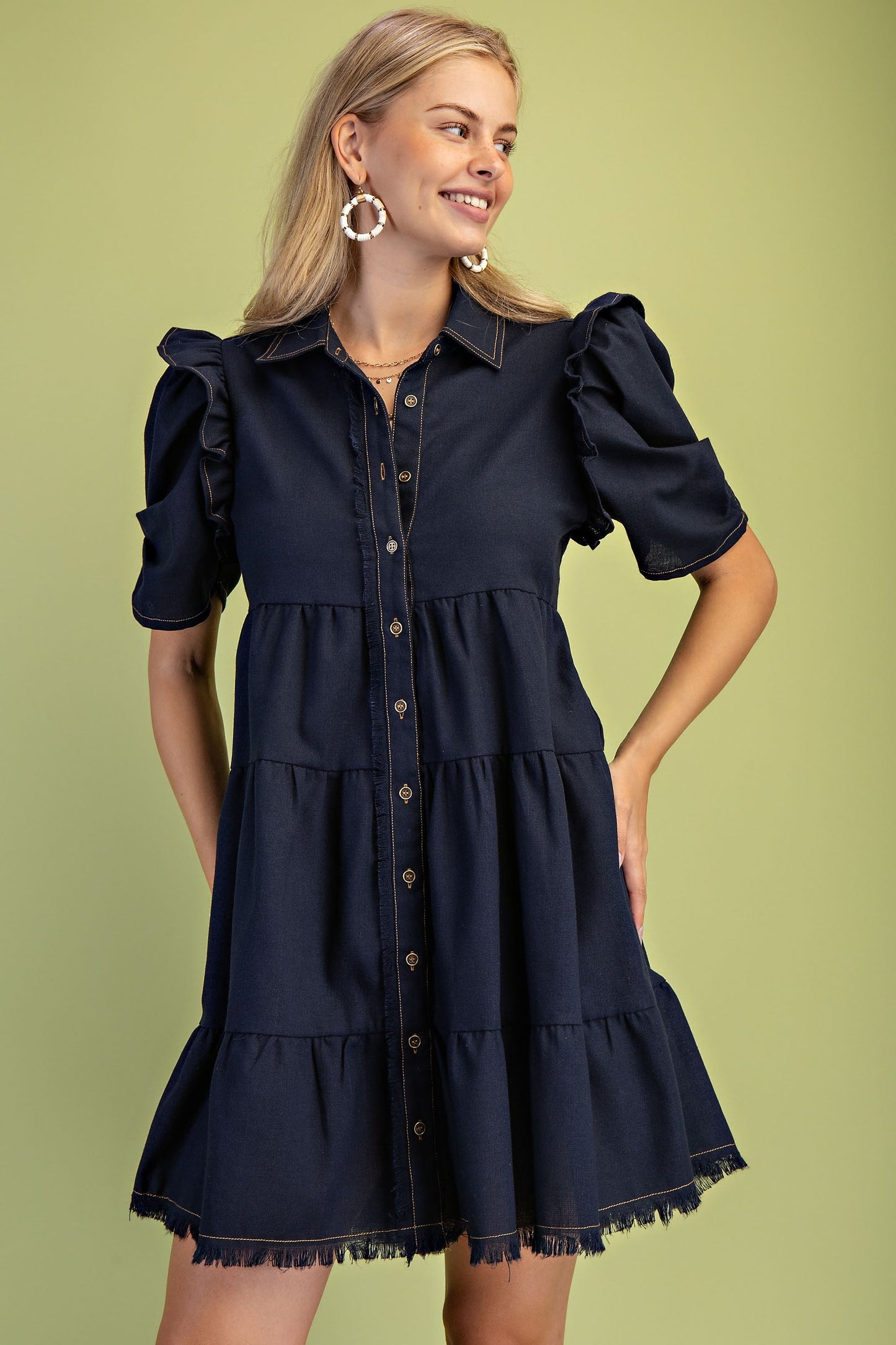 Dark Navy Linen Button Up Shirt Dress