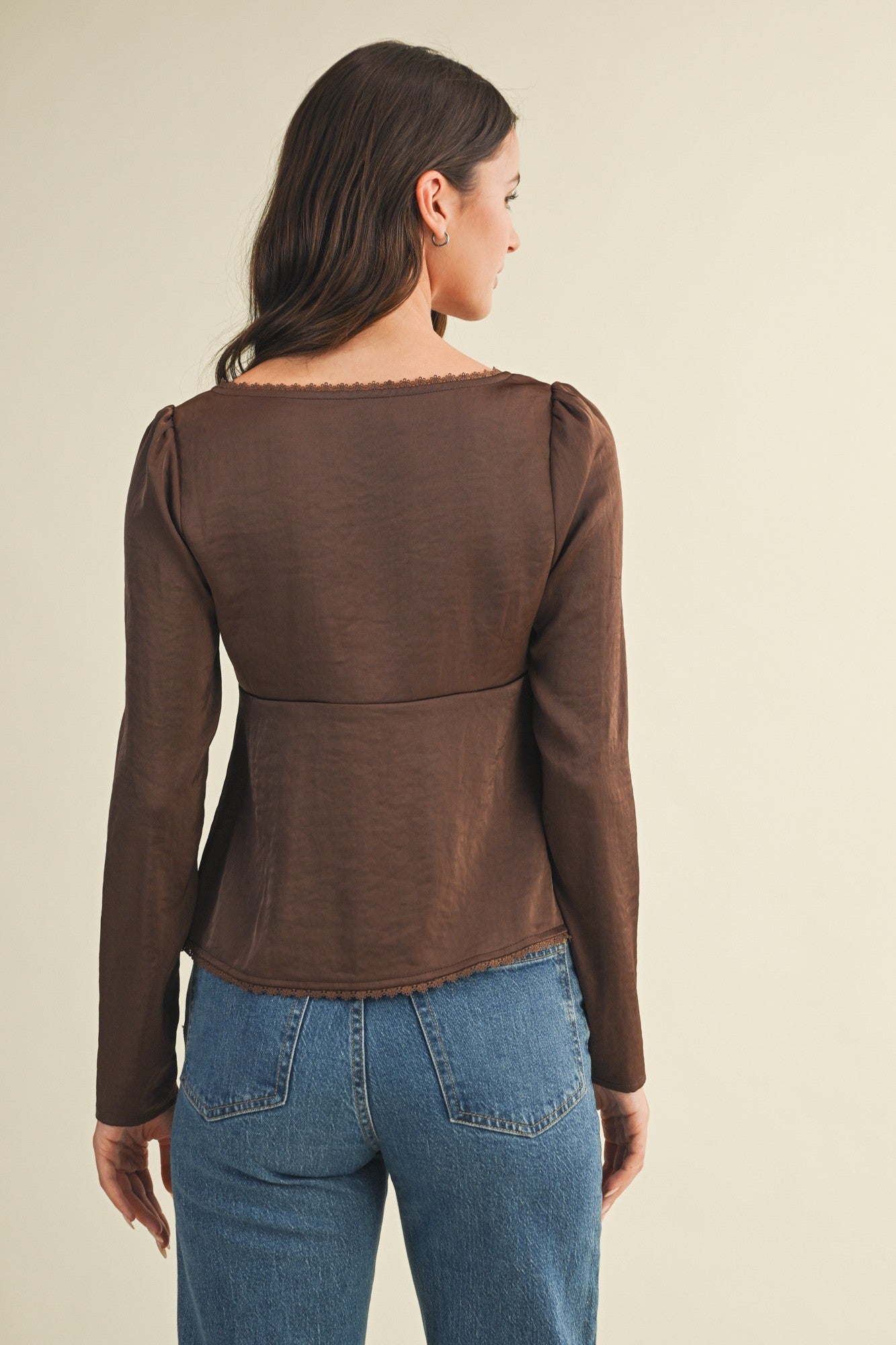 Dark Brown Square Neck Front Tie Long Sleeve Top