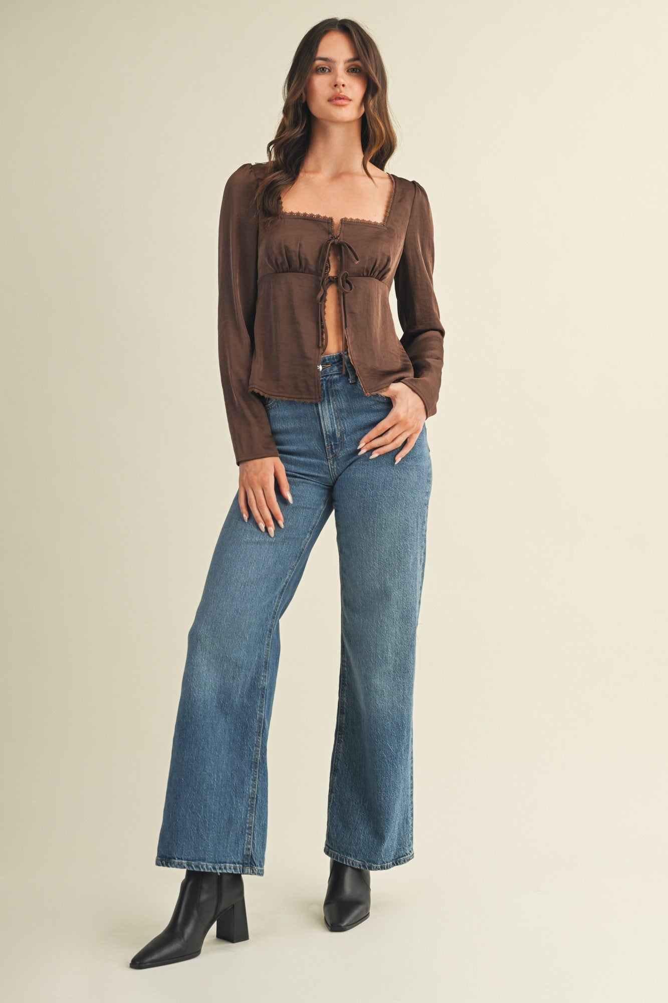 Dark Brown Square Neck Front Tie Long Sleeve Top