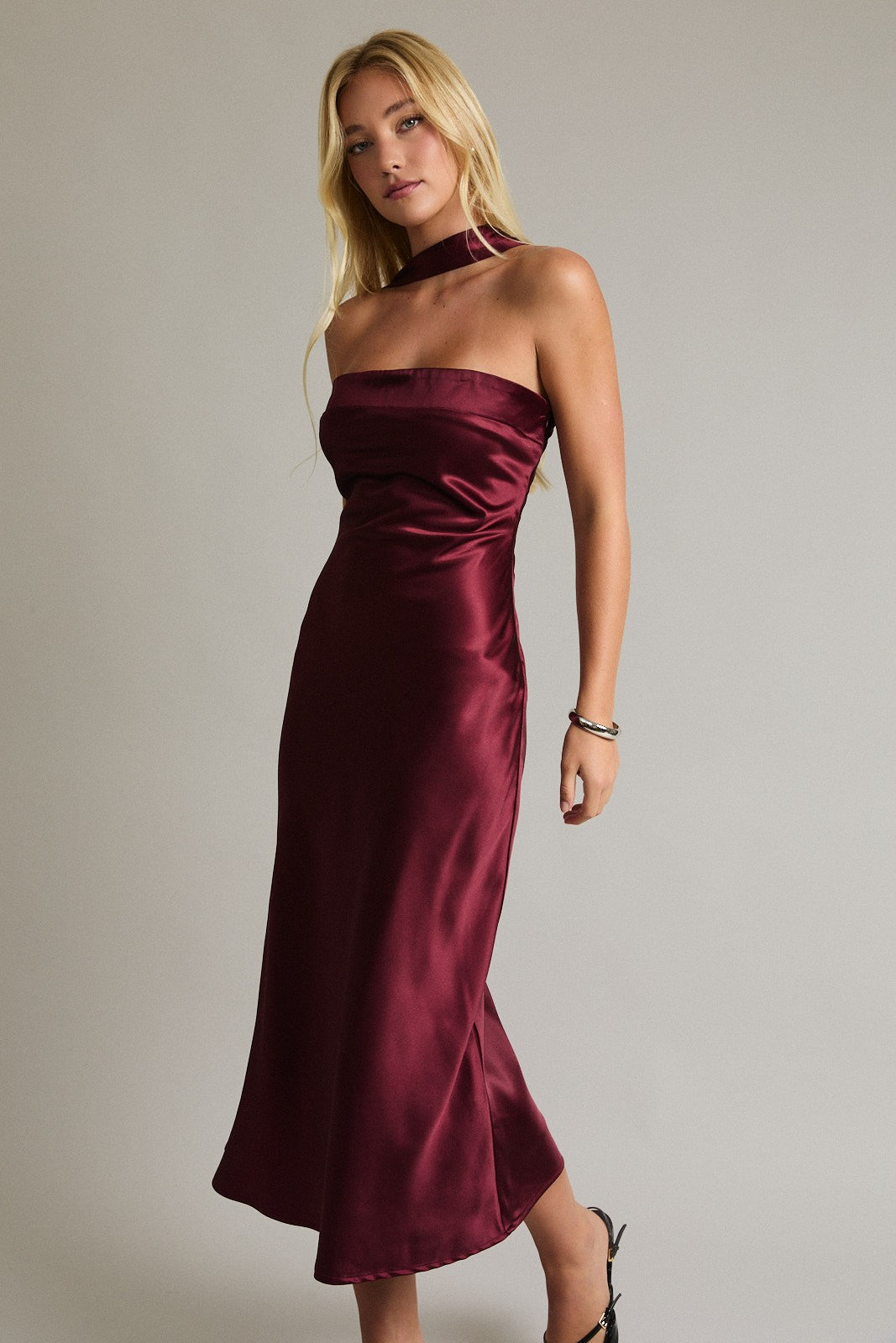 Ella Strapless Scarf Satin Midi Dress