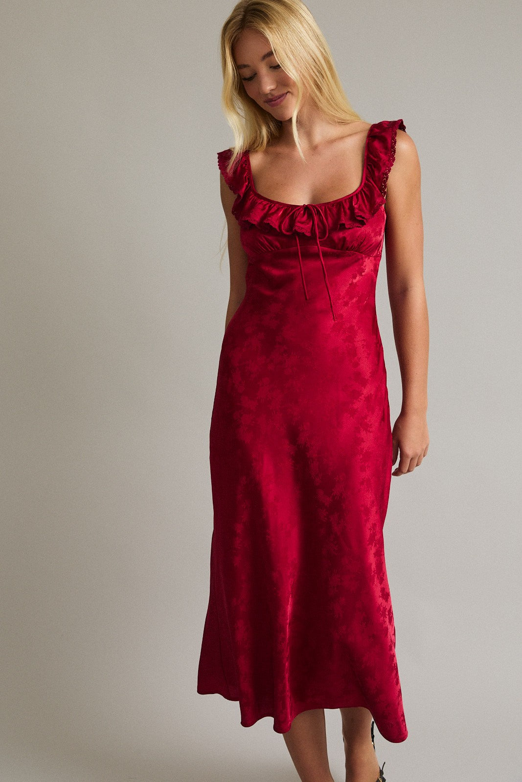 Ruby Red Sleeveless Square Neck Ruffle Lace Trim Midi Dress