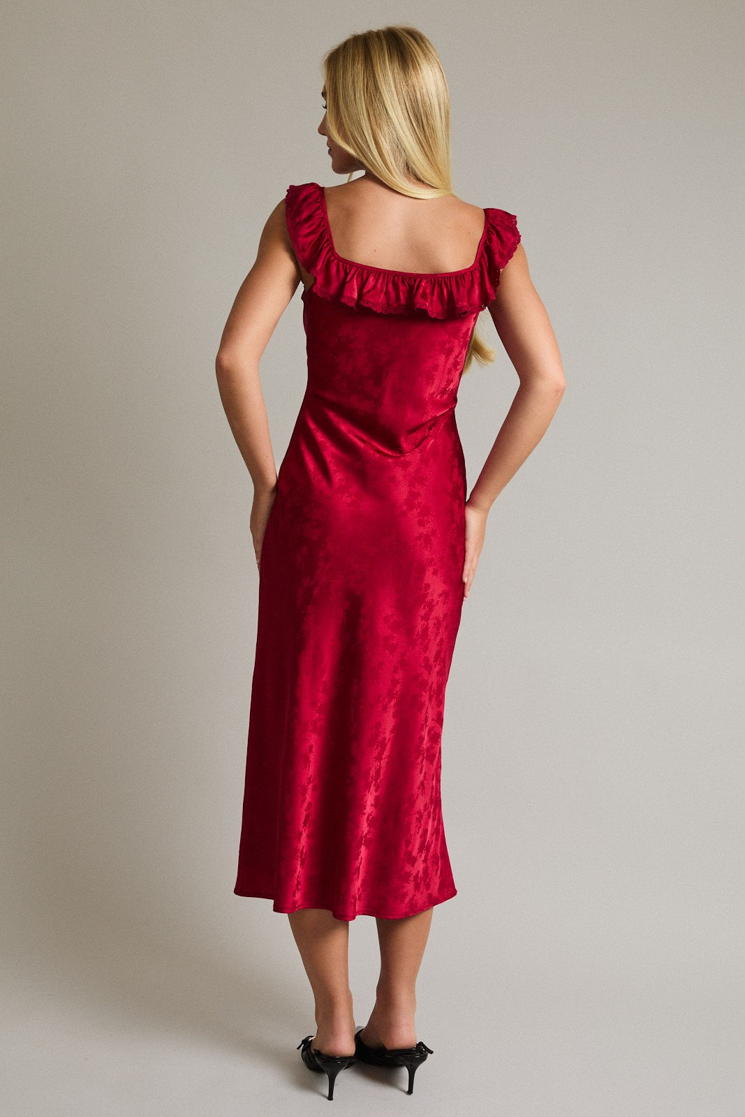 Ruby Red Sleeveless Square Neck Ruffle Lace Trim Midi Dress